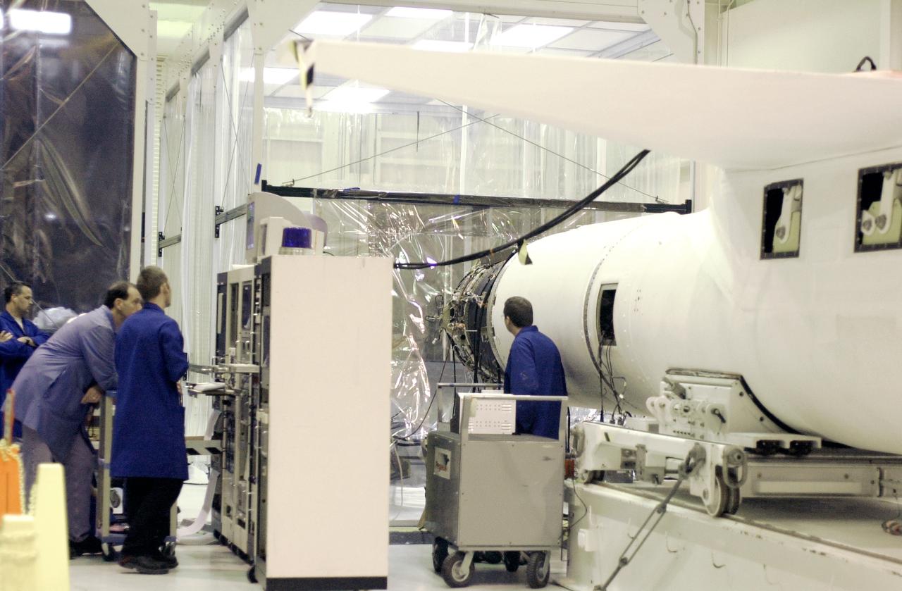 At Vandenberg Air Force Base in California, workers monitor the data produced by the second flight simulation of the Orbital Sciences Pegasus XL rocket. The rocket is the launch vehicle for NASA's Aeronomy of Ice in the Mesosphere, or AIM, spacecraft. AIM is the seventh Small Explorers mission under NASA's Explorer Program. The program provides frequent flight opportunities for world-class scientific investigations from space within heliophysics and astrophysics. The AIM spacecraft will fly three instruments designed to study polar mesospheric clouds located at the edge of space, 50 miles above the Earth's surface in the coldest part of the planet's atmosphere. The mission's primary goal is to explain why these clouds form and what has caused them to become brighter and more numerous and appear at lower latitudes in recent years. AIM's results will provide the basis for the study of long-term variability in the mesospheric climate and its relationship to global climate change. AIM is scheduled to be mated to the Pegasus XL during the second week of April, after which final inspections will be conducted. Launch is scheduled for April 25.
