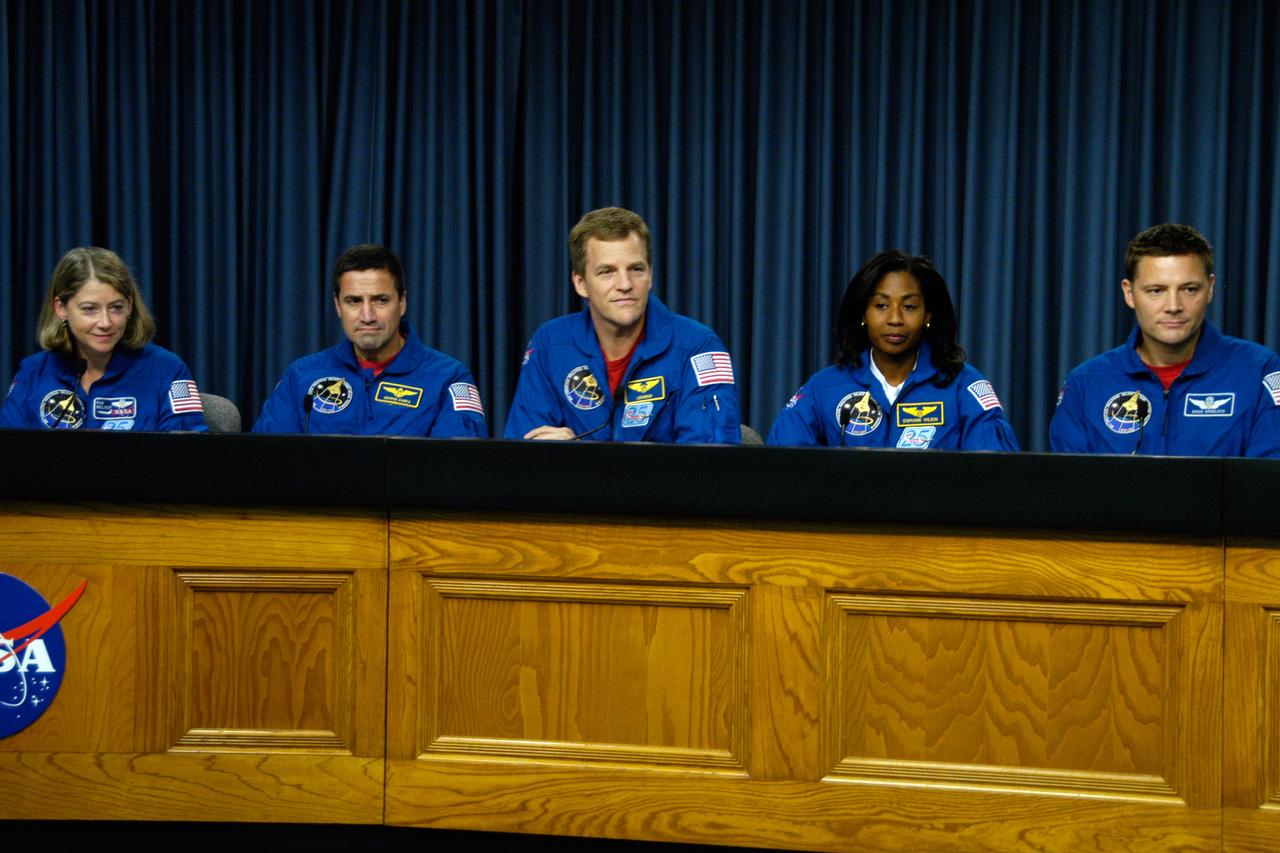 Members of the STS-120 crew take part in a news conference after their successful landing aboard space shuttle Discovery at NASA's Kennedy Space Center. From left are Commander Pamela Melroy, Pilot George Zamka and mission specialists Scott Parazynski, Stephanie Wilson and Doug Wheelock. The crew completed a 15-day mission to the International Space Station with a smooth landing on Runway 33. Main gear touchdown was 1:01:16 p.m. Wheel stop was at 1:02:07 p.m. Mission elapsed time was 15 days, 2 hours, 24 minutes and 2 seconds. Mission STS-120 continued the construction of the station with the installation of the Harmony Node 2 module and the relocation of the P6 truss. 