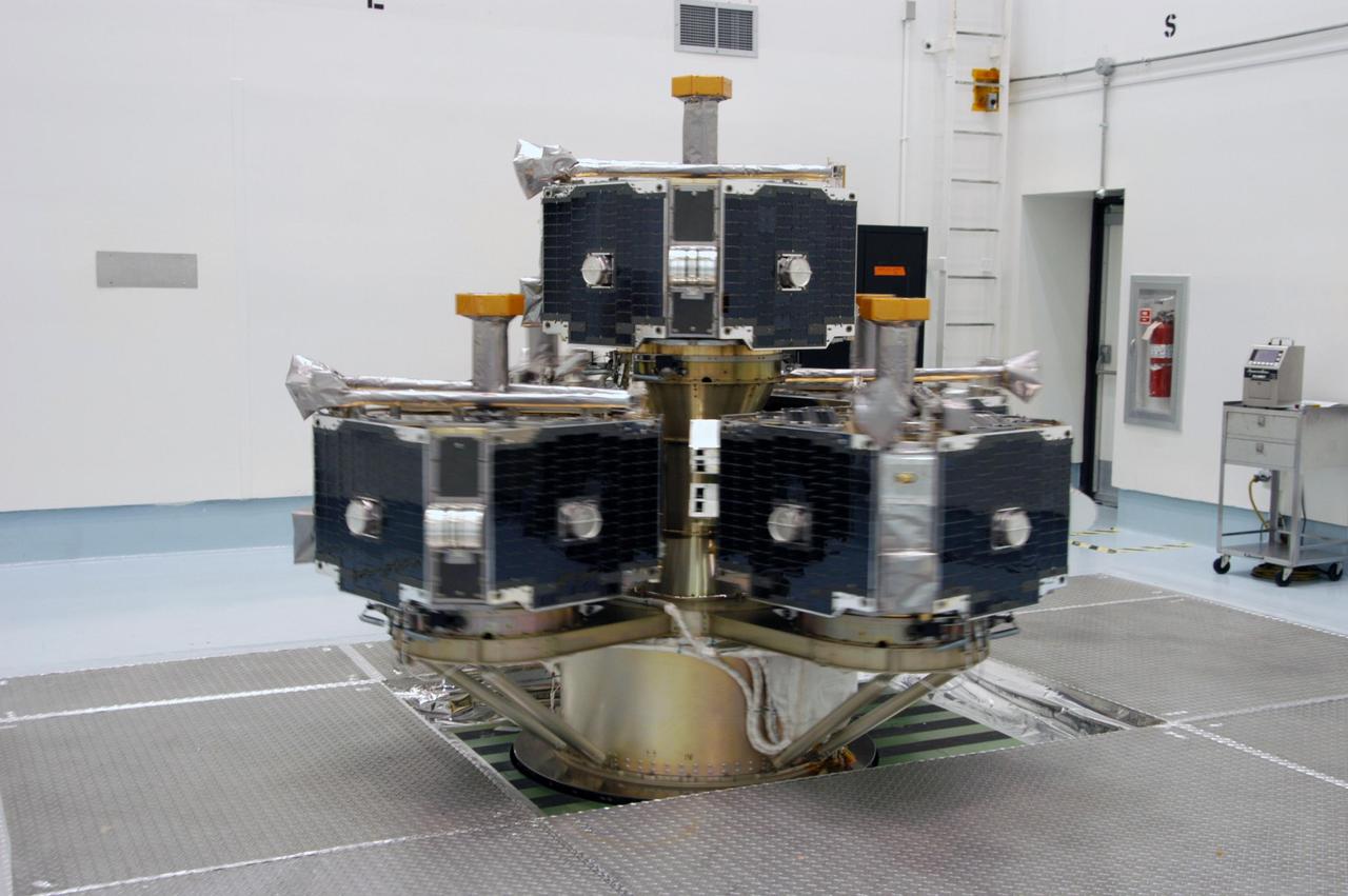 KENNEDY SPACE CENTER, FLA. --   At Astrotech Space Operations, the integrated THEMIS spacecraft is spinning on the spin table, part of spin-balance testing. THEMIS consists of five identical probes, the largest number of scientific satellites ever launched into orbit aboard a single rocket. This unique constellation of satellites will resolve the tantalizing mystery of what causes the spectacular sudden brightening of the aurora borealis and aurora australis - the fiery skies over the Earth's northern and southern polar regions. THEMIS is scheduled to launch Feb. 15 from Cape Canaveral Air Force Station.  Photo credit: NASA/George Shelton