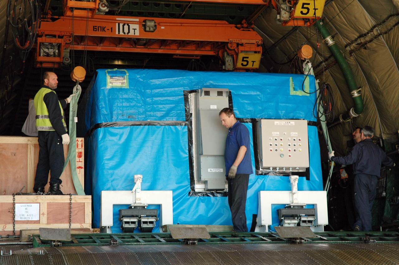 KENNEDY SPACE CENTER, FLA. -- At the KSC Shuttle Landing Facility, workers get ready to offload the newly arrived cargo of the Antonov 124 aircraft, the remote manipulator system for the Japanese Experiment Module. The RMS will be transported to the Space Station Processing Facility. The JEM, named "Kibo" (Hope), is Japan's primary contribution to the International Space Station. It will enhance the unique research capabilities of the orbiting complex by providing an additional environment for astronauts to conduct science experiments. The Japanese Aerospace Exploration Agency developed the laboratory. Both the JEM and RMS are targeted for mission STS-124, to launch in early 2008. Photo credit: NASA/Dimitrios Gerondidakis