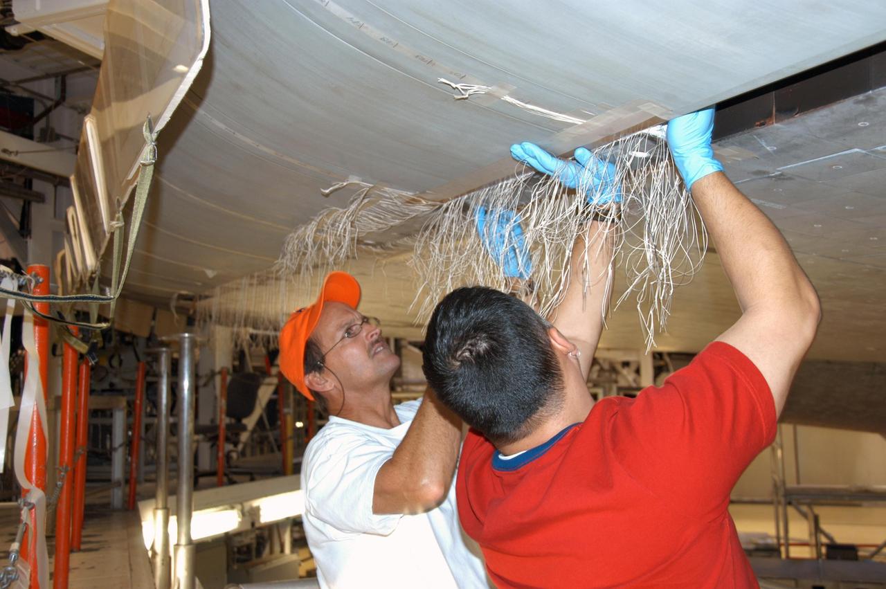 KENNEDY SPACE CENTER, FLA. --   In Orbiter Processing Facility bay 2, technicians James Johnson (left) and Jesus Rodrigues install a leading edge subsystem carrier panel on the right wing of Endeavour.  The orbiter is scheduled for mission STS-118, targeted for launch on June 28.  The mission will be the 22nd flight to the International Space Station, carrying another starboard array, S5, for installation.  Photo credit: NASA/George Shelton
