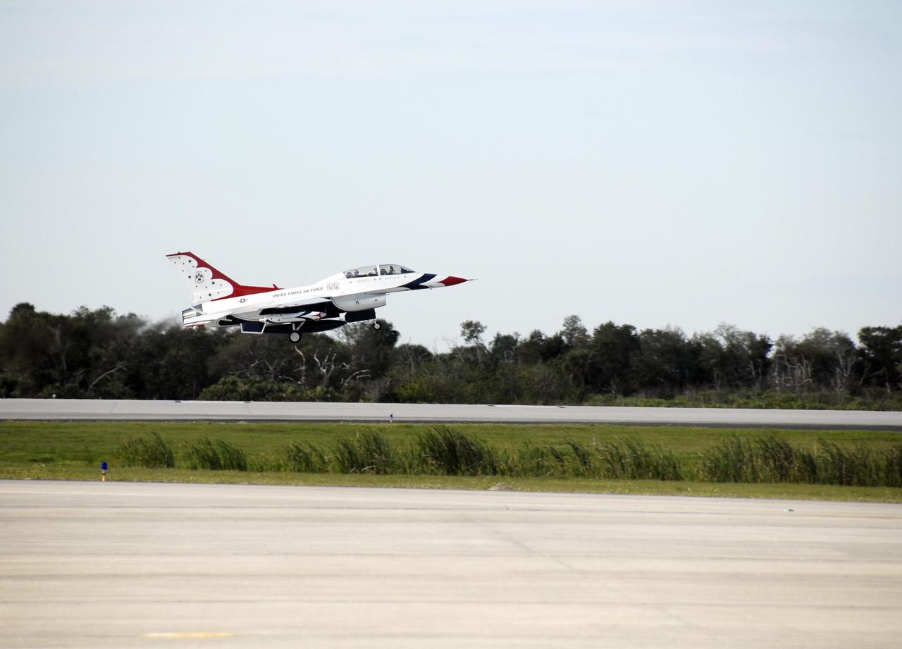 KENNEDY SPACE CENTER, FLA. --  A U.S. Air Force Thunderbird F-16D aircraft approaches the runway at the Kennedy Space Center Shuttle Landing Facility.  The pilot is Maj. Tad Clark, who announced to waiting media that Kennedy Space Center Visitor Complex will host the inaugural World Space Expo from Nov. 3 to 11. The Expo, which will feature an aerial salute by the Thunderbirds on its opening weekend, will create one of the largest displays of space artifacts, hardware and personalities ever assembled in one location with the objective to inspire, educate and engage the public by highlighting the achievements and benefits of space exploration.  Photo credit: NASA/Kim Shiflett
