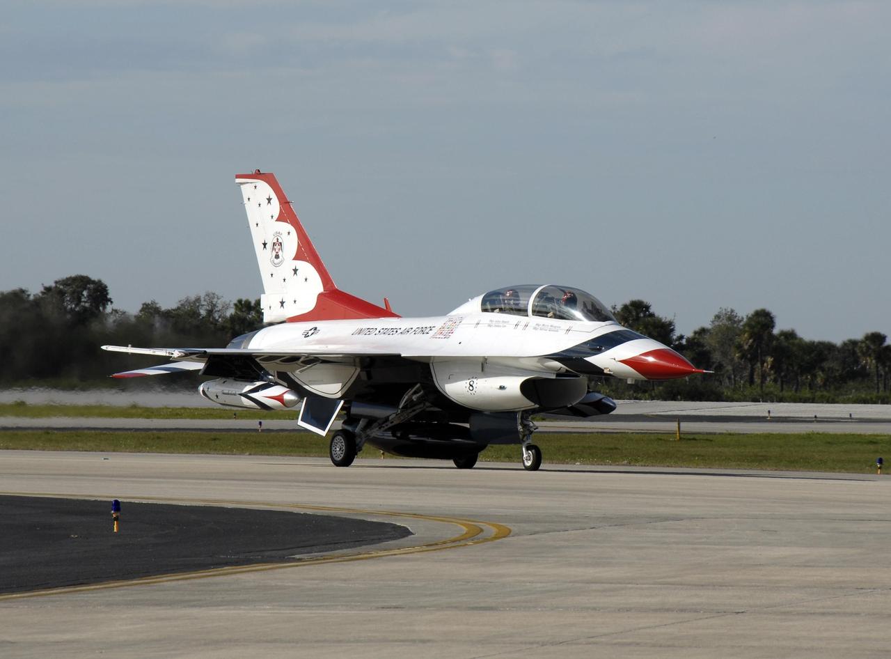 KENNEDY SPACE CENTER, FLA. --  A U.S. Air Force Thunderbird F-16D aircraft taxis down the runway at the Kennedy Space Center Shuttle Landing Facility.  The pilot is Maj. Tad Clark, who announced to waiting media that Kennedy Space Center Visitor Complex will host the inaugural World Space Expo from Nov. 3 to 11.  The Expo, which will feature an aerial salute by the Thunderbirds on its opening weekend, will create one of the largest displays of space artifacts, hardware and personalities ever assembled in one location with the objective to inspire, educate and engage the public by highlighting the achievements and benefits of space exploration.  Photo credit: NASA/Kim Shiflett