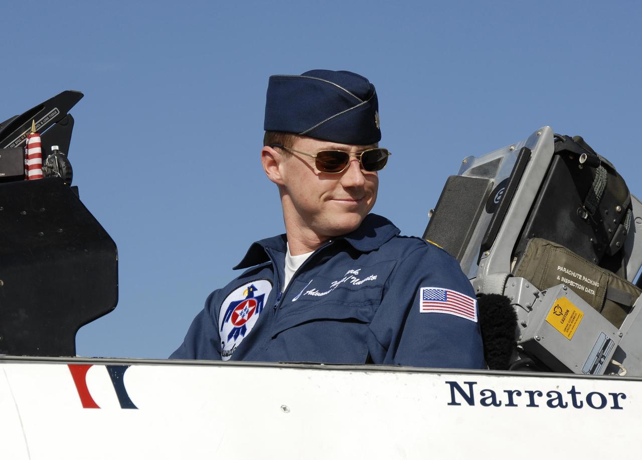 KENNEDY SPACE CENTER, FLA. --  The U.S. Air Force Thunderbird F-16D pilot, Maj. Tad Clark, has arrived at the Kennedy Space Center Shuttle Landing Facility to announce to waiting media that Kennedy Space Center Visitor Complex will host the inaugural World Space Expo from Nov. 3 to 11.  The Expo, which will feature an aerial salute by the Thunderbirds on its opening weekend, will create one of the largest displays of space artifacts, hardware and personalities ever assembled in one location with the objective to inspire, educate and engage the public by highlighting the achievements and benefits of space exploration.  Photo credit: NASA/Kim Shiflett