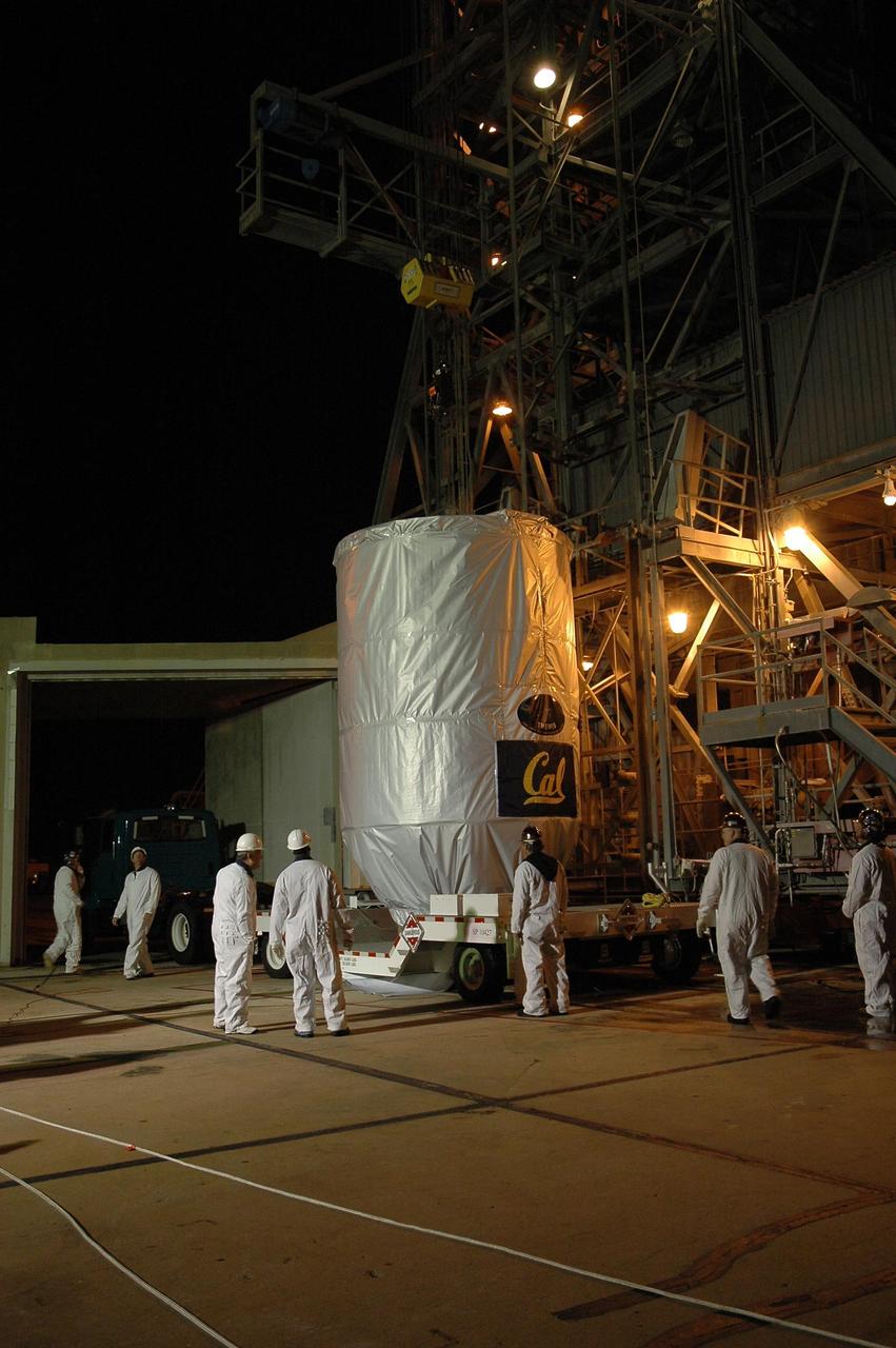 KENNEDY SPACE CENTER, FLA. --   The THEMIS spacecraft arrives on Launch Pad 17-B at Cape Canaveral Air Force Station.  The spacecraft will be lifted into the mobile service tower and, after encapsulation, mated with the third stage of the Delta II rocket.    THEMIS consists of five identical probes, the largest number of scientific satellites ever launched into orbit aboard a single rocket. The THEMIS mission is to investigate what causes auroras in the Earth's atmosphere to dramatically change from slowly shimmering waves of light to wildly shifting streaks of color. Discovering what causes auroras to change will provide scientists with important details on how the planet's magnetosphere works and the important Sun-Earth connection.  THEMIS is scheduled to launch aboard a Delta II rocket on Feb. 15 during a window extending from 6:08 to 6:27 p.m.  Photo credit: NASA/Amanda Diller