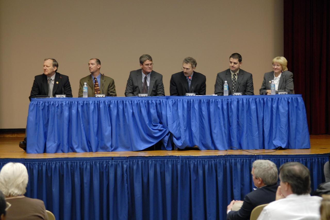 KENNEDY SPACE CENTER, FLA. --  Participants in the all-hands meeting respond to questions from the audience.  Topics discussed included the year ahead at KSC.  Seated at the table (from left) are Steve Francois, manager of Launch Services Program; Pepper Phillips, deputy director of the Constellation Program office; Parsons; Russ Romanella, director of the ISS & Spacecraft Processing Directorate; Jeff Angermeier, chief of the Project Control office in the Launch Vehicle Processing Directorate; and Shannon Bartell, director of NASA Safety and Mission Assurance.   Photo credit: NASA/Kim Shiflett