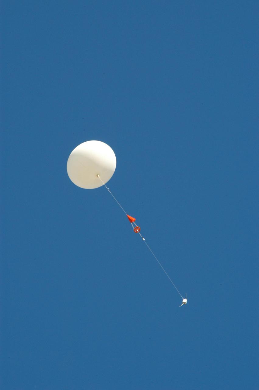 KENNEDY SPACE CENTER, FLA. -- A weather balloon takes flight from the Cape Canaveral Air Force Station weather station. The balloon is equipped with a radiosonde, an instrument that transmits measurements on atmospheric pressure, humidity, temperature and winds as it ascends. The data will be used to determine if conditions are acceptable for the launch of NASA's THEMIS mission. THEMIS, an acronym for Time History of Events and Macroscale Interactions during Substorms, consists of five identical probes that will track violent, colorful eruptions near the North Pole.  This will be the largest number of scientific satellites NASA has ever launched into orbit aboard a single rocket.  The THEMIS mission aims to unravel the mystery behind auroral substorms, an avalanche of magnetic energy powered by the solar wind that intensifies the northern and southern lights.  The mission will investigate what causes auroras in the Earth’s atmosphere to dramatically change from slowly shimmering waves of light to wildly shifting streaks of bright color. Launch is planned from Pad 17-B in a window that extends from 6:01 to 6:19 p.m. EST.  Photo credit: NASA/George Shelton