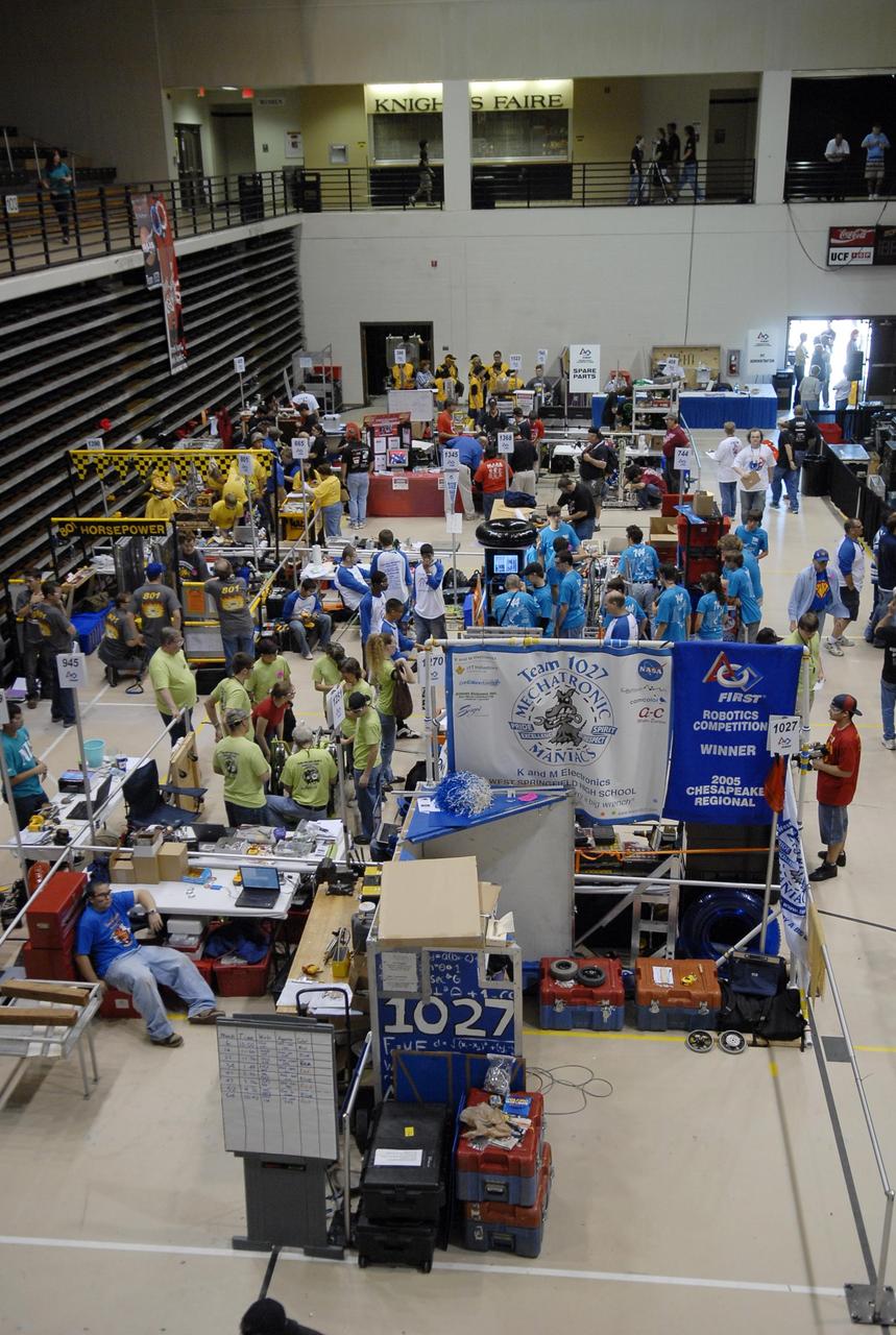 KENNEDY SPACE CENTER, FLA. --  Student teams representing Florida and several out-of-state areas display and work on their robots for the FIRST robotics event held at the University of Central Florida Arena March 8-10.  The FIRST, or For Inspiration and Recognition of Science and Technology, Robotics Competition challenges teams of young people and their mentors to solve a common problem in a six-week timeframe using a standard "kit of parts" and a common set of rules. Teams build robots from the parts and enter them in a series of competitions designed by FIRST founder Dean Kamen and Dr. Woodie Flowers, chairman and vice chairman of the Executive Advisory Board respectively, and a committee of engineers and other professionals. FIRST redefines winning for these students. Teams are rewarded for excellence in design, demonstrated team spirit, gracious professionalism and maturity, and ability to overcome obstacles. Scoring the most points is a secondary goal. Winning means building partnerships that last. Photo credit: NASA/Kim Shiflett