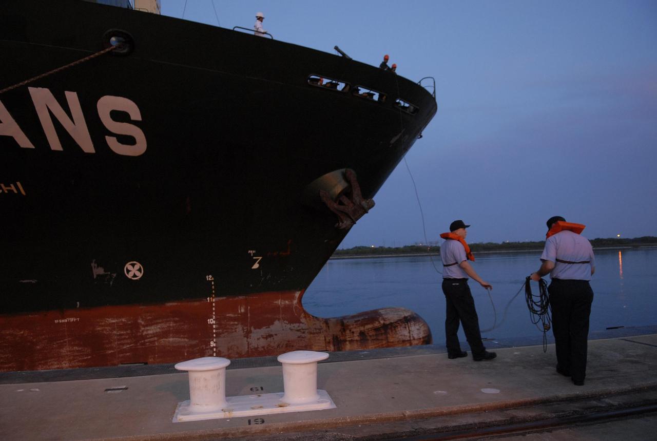 KENNEDY SPACE CENTER, FLA. -- The ship carrying the Experiment Logistics Module Pressurized Section for the Japanese Experiment Module is tied up at the Trident wharf after departing from Yokohama, Japan, Feb. 7. The logistics module will be offloaded and transported to the Space Station Processing Facility at NASA's Kennedy Space Center. The Japanese Experiment Module is composed of three segments and is known as Kibo, which means "hope" in Japanese. Kibo consists of six components: two research facilities -- the Pressurized Module and Exposed Facility; a Logistics Module attached to each of them; a Remote Manipulator System; and an Inter-Orbit Communication System unit. Kibo also has a scientific airlock through which experiments are transferred and exposed to the external environment of space. Kibo is Japan's first human space facility and its primary contribution to the station. Kibo will enhance the unique research capabilities of the orbiting complex by providing an additional environment in which astronauts can conduct science experiments. The various components of JEM will be assembled in space over the course of three Space Shuttle missions. The first of those three missions, STS-123, will carry the Experiment Logistics Module Pressurized Section aboard the Space Shuttle Endeavour, targeted for launch in 2007. Photo credit: NASA/Kim Shiflett