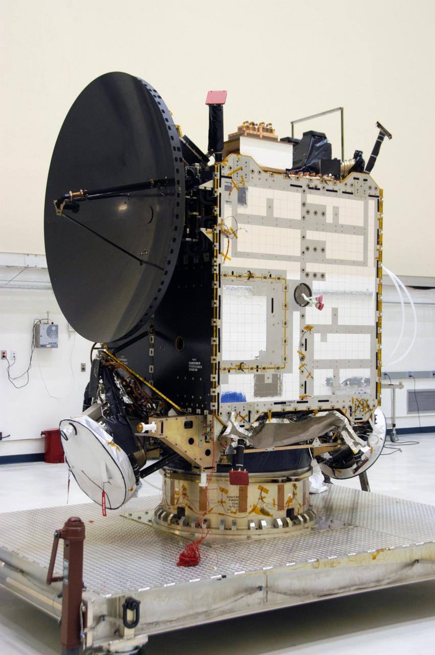 KENNEDY SPACE CENTER, FLA.  -- The Dawn spacecraft is seen here in clean room C of Astrotech's Payload Processing Facility.  In the clean room, the spacecraft will undergo further processing. Dawn's mission is to explore two of the asteroid belt's most intriguing and dissimilar occupants: asteroid Vesta and the dwarf planet Ceres.  The Dawn mission is managed by JPL, a division of the California Institute of Technology in Pasadena, for NASA's Science Mission Directorate in Washington, D.C.   Photo credit: NASA/George Shelton