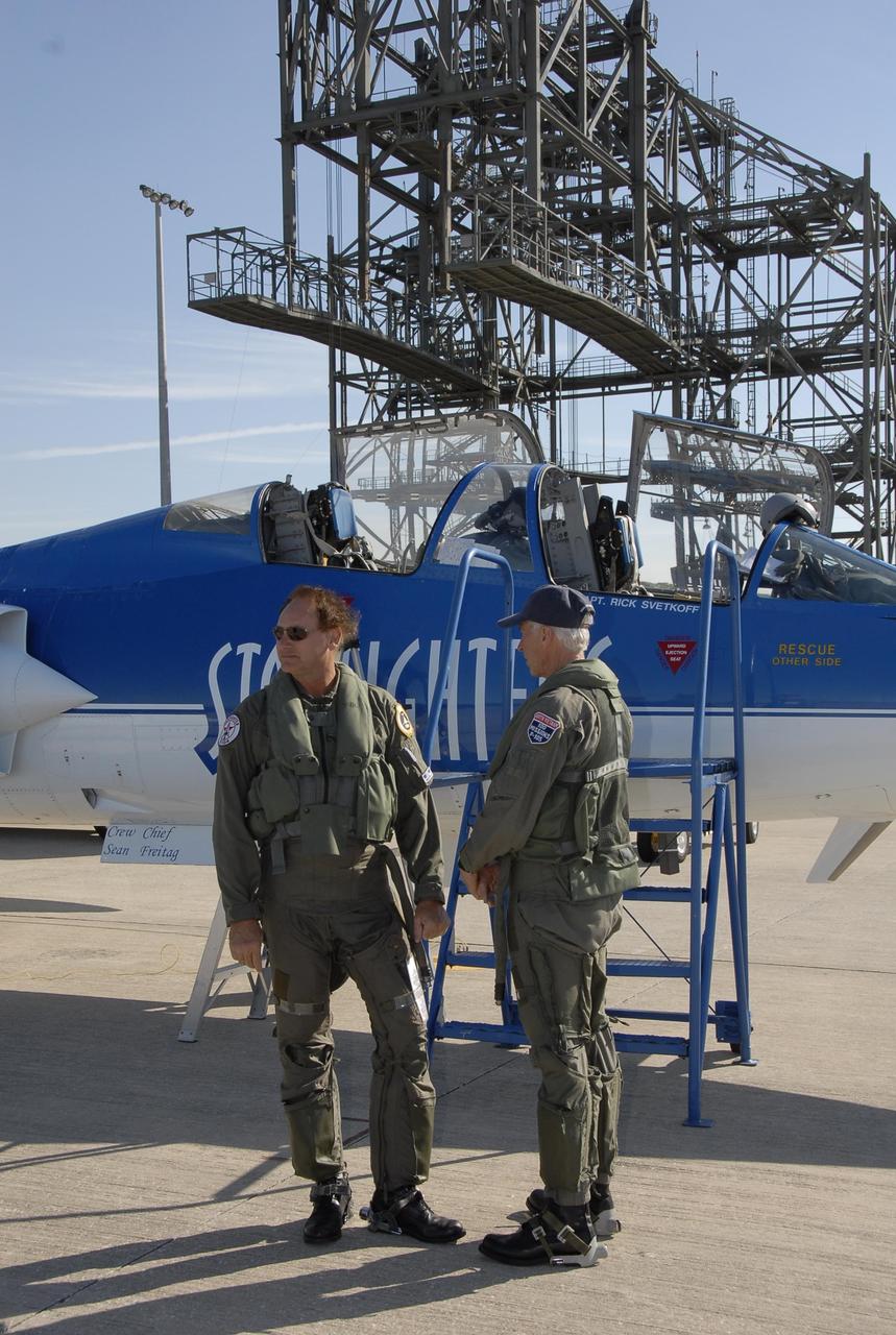 KENNEDY SPACE CENTER, FLA.  --  On the KSC Shuttle Landing Facility, pilot Rick Svetkoff (left) and co-pilot Dave Waldrop are ready to climb into the cockpit of the Starfighter F-104. The aircraft is taking part in a series of pathfinder test missions from the space shuttle runway. Two flights will generate test data to validate sonic boom assumptions about the potential impacts of suborbital and orbital commercial spaceflight from the facility. NASA is assessing the environmental impact of such flights.  Starfighters Inc. of Clearwater, Fla., will perform the flights to help in assessing suborbital space launch trajectories from the runway and paving the way for future commercial space tourism and research flights from the facility.  Photo credit: NASA/Kim Shiflett