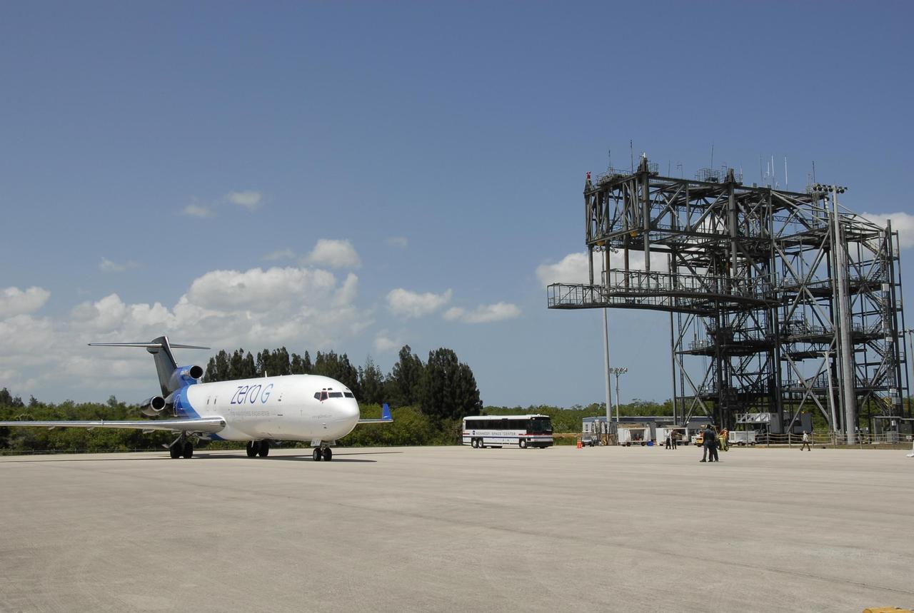 KENNEDY SPACE CENTER, FLA. -- At the Kennedy Space Center Shuttle Landing Facility, a modified Boeing 727 aircraft owned by Zero Gravity Corp. is ready to take off with its well-known passenger, physicist Stephen Hawking.  Zero Gravity Corp. is a commercial company licensed to provide the public with weightless flight experiences.  Hawking will be making his first zero-gravity flight.  Hawking developed amyotrophic lateral sclerosis disease in the 1960s, a type of motor neuron disease which would cost him the loss of almost all neuromuscular control. At the celebration of his 65th birthday on January 8 this year, Hawking announced his plans for a zero-gravity flight to prepare for a sub-orbital space flight in 2009 on Virgin Galactic's space service.  Photo credit: NASA/Kim Shiflett