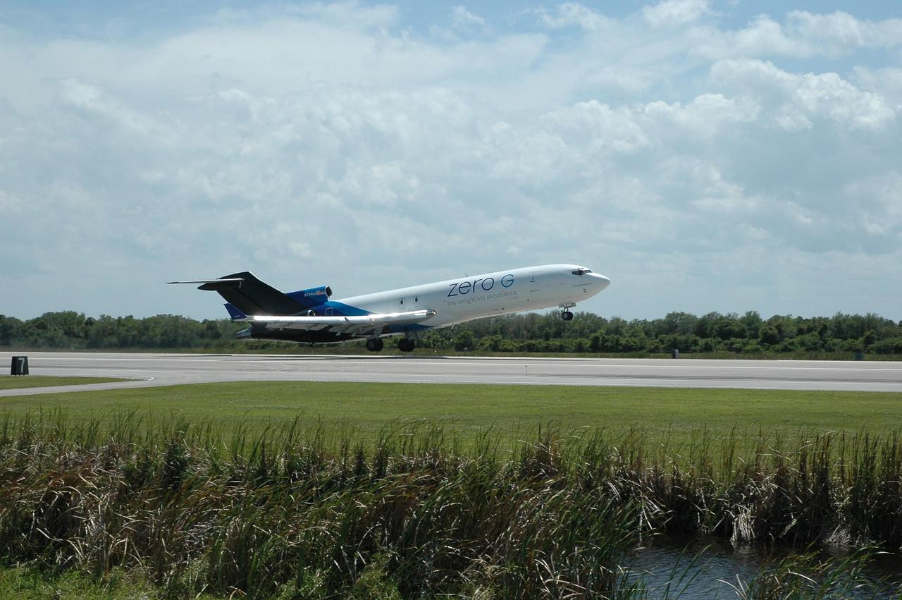 KENNEDY SPACE CENTER, FLA. -- At the Kennedy Space Center Shuttle Landing Facility, a modified Boeing 727 aircraft owned by Zero Gravity Corp. takes off with its well-known passenger, physicist Stephen Hawking. Zero Gravity Corp. is a commercial company licensed to provide the public with weightless flight experiences.  Hawking will be making his first zero-gravity flight.  Hawking developed amyotrophic lateral sclerosis disease in the 1960s, a type of motor neuron disease which would cost him the loss of almost all neuromuscular control. At the celebration of his 65th birthday on January 8 this year, Hawking announced his plans for a zero-gravity flight to prepare for a sub-orbital space flight in 2009 on Virgin Galactic's space service.  Photo credit: NASA/Jack Pfaller