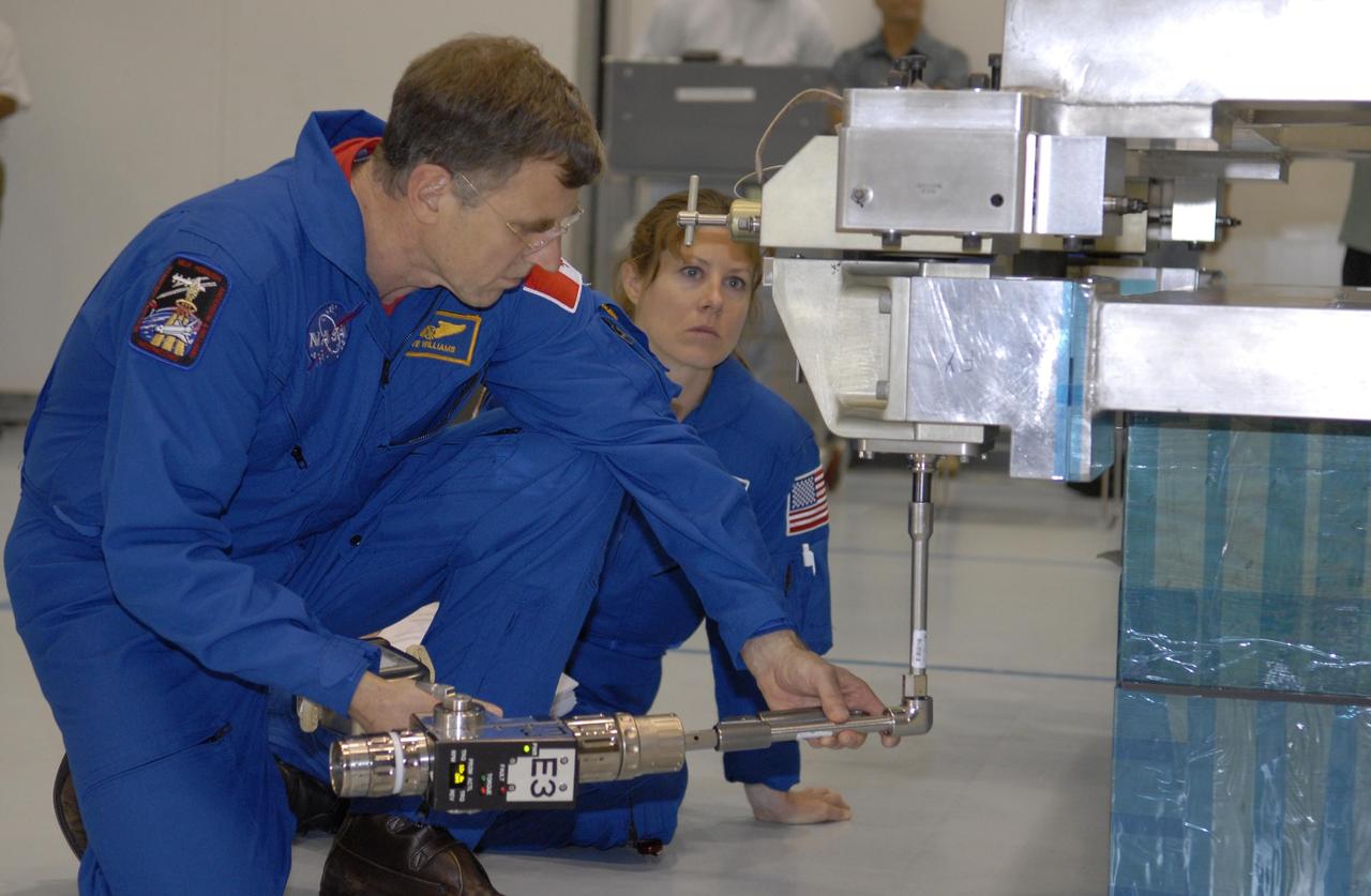 KENNEDY SPACE CENTER, FLA. --The STS-118 crew members look over parts of the mission payload, the S5 integrated truss, in the Space Station Processing Facility during crew equipment interface test activities. Seen here are Mission Specialists Dr. Dafydd Williams and Tracy Caldwell. The crew comprises Commander Scott Kelly, Pilot Charles Hobaugh, and Mission Specialists Williams, Barbara Morgan, Richard Mastracchio, Caldwell and Benjamin Drew. Williams is with the Canadian Space Agency. The STS-118 mission will be delivering the third starboard truss segment, the ITS S5, to the International Space Station, and a SPACEHAB Single Cargo module with supplies and equipment. Launch aboard Space Shuttle Endeavour is targeted for August. Photo credit: NASA/Kim Shiflett