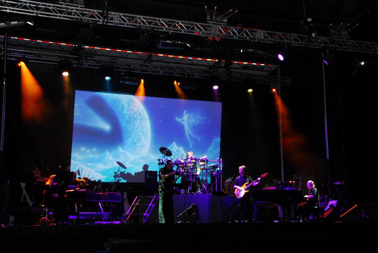 KENNEDY SPACE CENTER, FLA. --  Following the debut of its new attraction, Shuttle Launch Experience, on May 26, the Kennedy Space Center Visitor Complex treated guests to a concert by the instrumental group Mannheim Steamroller, seen here.  Known for its digital-classic-rock style, Mannheim Steamroller recorded sound from the last space shuttle liftoff at Kennedy Space Center, and has incorporated it into its music. Photo credit: NASA/George Shelton