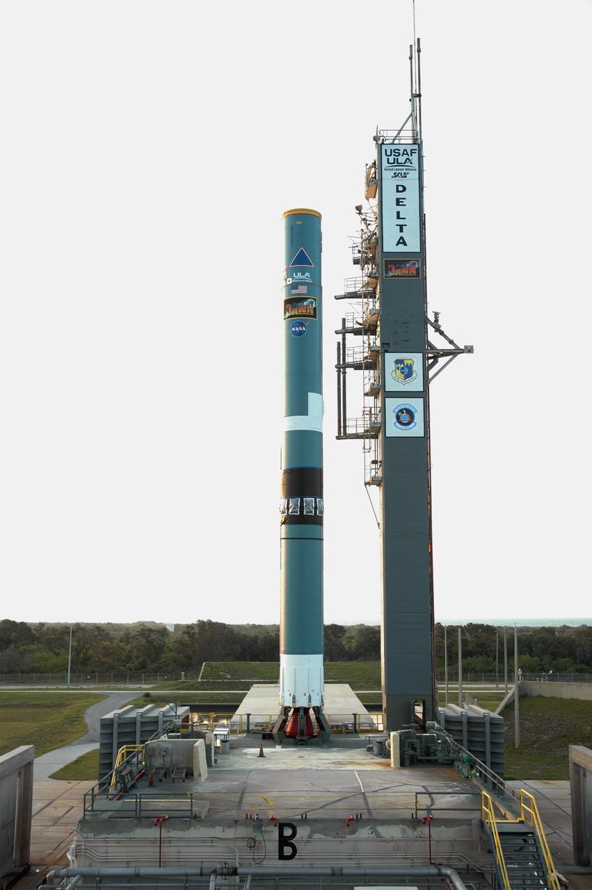 KENNEDY SPACE CENTER, FLA. --  On Launch Pad 17-B at Cape Canaveral Air Force Station, the 1st stage of the Delta II rocket awaits solid rocket booster attachment.  The rocket is the launch vehicle for the Dawn spacecraft, scheduled to launch June 30.  Dawn's mission is to explore two of the asteroid belt's most intriguing and dissimilar occupants: asteroid Vesta and the dwarf planet Ceres.  Photo credit: NASA/Jim Grossmann