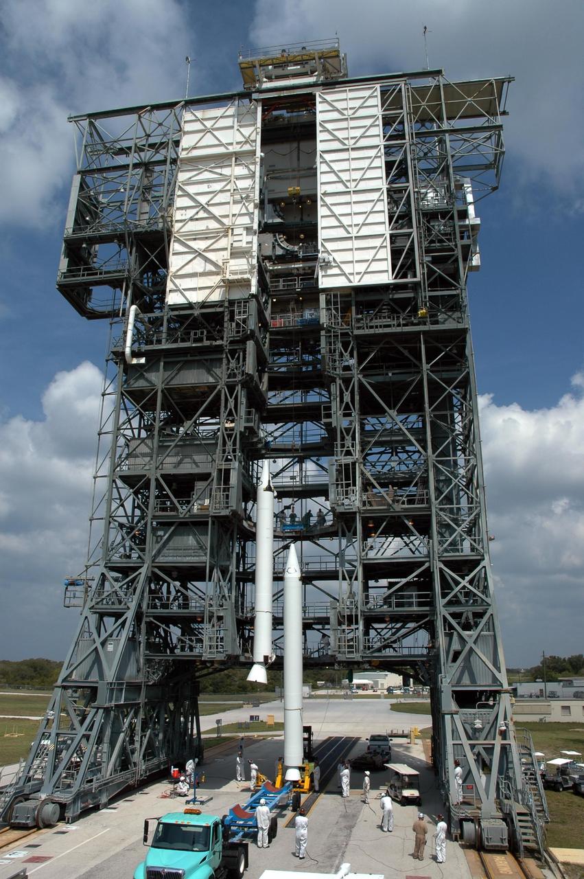 KENNEDY SPACE CENTER, FLA. --   On Launch Pad 17-B at Cape Canaveral Air Force Station, a second solid rocket booster is ready to be lifted into the mobile service tower.  It will be attached to the Delta II first stage for the launch of the Dawn spacecraft.  Dawn's mission is to explore two of the asteroid belt's most intriguing and dissimilar occupants: asteroid Vesta and the dwarf planet Ceres.  Photo credit: NASA/Jim Grossmann