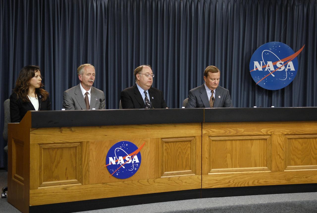 KENNEDY SPACE CENTER, FLA. --  Following the Flight Readiness Review for the STS-117 mission, NASA officials presented the decisions of NASA senior managers in a press conference.  Seen here are (from left) Katherine Trinidad, of NASA Public Affairs, who moderated; Bill Gerstenmaier, associate administrator of NASA Space Operations Mission; Wayne Hale, Space Shuttle Program manager; and Mike Leinbach, Shuttle Launch Director.   Gerstenmaier confirmed the launch time and date of Space Shuttle Atlantis at 7:38 p.m. EDT on June 8. Photo credit: NASA/Kim Shiflett