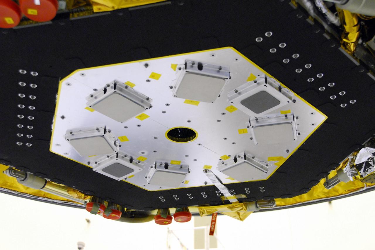 KENNEDY SPACE CENTER, FLA. -- A closeup of the landing radar installed on the Phoenix spacecraft. Testing will follow. The Phoenix mission is the first project in NASA's first openly competed program of Mars Scout missions. Phoenix will land in icy soils near the north polar permanent ice cap of Mars and explore the history of the water in these soils and any associated rocks, while monitoring polar climate. Landing is planned in May 2008 on arctic ground where a mission currently in orbit, Mars Odyssey, has detected high concentrations of ice just beneath the top layer of soil. Photo credit: NASA/George Shelton