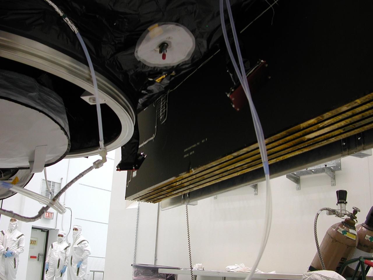 KENNEDY SPACE CENTER, FLA. -- On June 11, during a procedure to prepare the Dawn spacecraft for spin-balance testing, the back of a solar array panel was slightly damaged by a technician's tool. The size of the affected area is about 2.5 inches by 2 inches. The necessary minor repairs will be made during the coming weekend. There is no impact to the launch date of July 7. Dawn's goal is to characterize the conditions and processes of the solar system's earliest epoch 4.5 billion years ago by investigating in detail two of the largest asteroids, Ceres and Vesta. They reside between Mars and Jupiter in the asteroid belt. Photo courtesy of Orbital Sciences