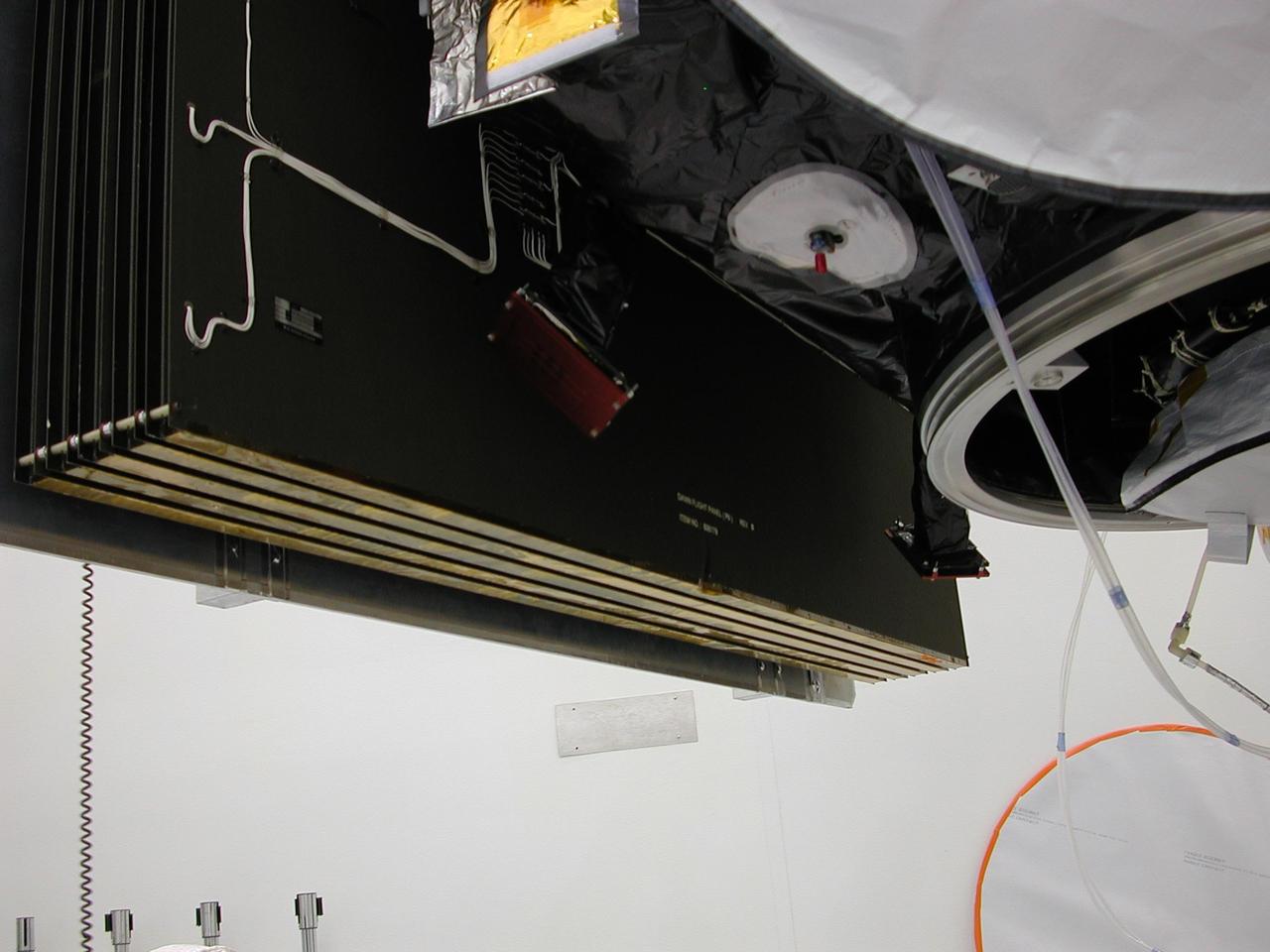 KENNEDY SPACE CENTER, FLA. -- On June 11, during a procedure to prepare the Dawn spacecraft for spin-balance testing, the back of a solar array panel was slightly damaged by a technician's tool. The size of the affected area is about 2.5 inches by 2 inches. The necessary minor repairs will be made during the coming weekend. There is no impact to the launch date of July 7. Dawn's goal is to characterize the conditions and processes of the solar system's earliest epoch 4.5 billion years ago by investigating in detail two of the largest asteroids, Ceres and Vesta. They reside between Mars and Jupiter in the asteroid belt. Photo courtesy of Orbital Sciences