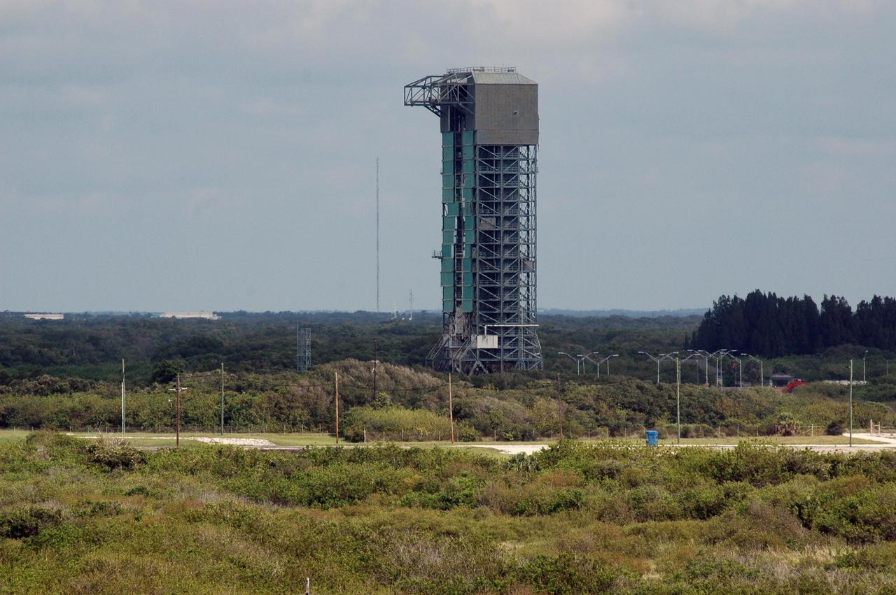 KENNEDY SPACE CENTER, FLA. --  At Space Launch Complex 36 on Cape Canaveral Air Force Station, the 209-foot-tall mobile service tower on Pad 36-B has been identified for demolition.  The old towers are being toppled as part of the ongoing project to demolish the historic site to prevent corrosion from becoming a safety concern.   A majority of the steel will be recycled and the rest will be taken to the landfill at CCAFS.  Complex 36 was the birthplace of NASA's planetary launch program.  It was built for the Atlas/Centaur development program and was operated under NASA's sponsorship until the late 1980s. Complex 36 hosted many historic missions over the years including Surveyor that landed on the moon and Mariner that orbited Mars and included one to Mercury.  Two of the most historic launches were the Pioneer 10 and 11 space probes that were launched to Jupiter and are now outside of the solar system in interstellar space.  Also, the historic Pioneer Venus spacecraft included an orbiter and a set of probes that were dispatched to the surface.  While Launch Complex 36 is gone, the Atlas/Centaur rocket continues to be launched as the Atlas V from Complex 41. Photo credit: NASA/Charisse Nahser