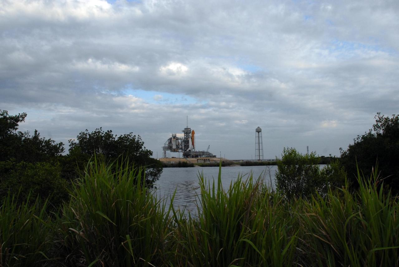 KENNEDY SPACE CENTER, FLA. - Seen in the background is Space Shuttle Endeavour on Launch Pad 39A after its rollout to the pad overnight. First motion out of the Vehicle Assembly Building was at 8:10 p.m. July 10, and the shuttle was hard down on the pad at 3:02 a.m. July 11. At far left is the rotating service structure, which can be rolled around to enclose the shuttle for access during processing. Tall brush and grass in the foreground signify the close relationship of Kennedy Space Center and the Merritt Island National Wildlife Center, which surrounds it. Endeavour is scheduled to launch on mission STS-118 on Aug. 7. During the mission, Endeavour will carry into orbit the S5 truss, SPACEHAB module and external stowage platform 3. The mission is the 22nd flight to the International Space Station and will mark the first flight of Mission Specialist Barbara Morgan, the teacher-turned-astronaut whose association with NASA began more than 20 years ago. STS-118 will be the first flight since 2002 for Endeavour, which has undergone extensive modifications, including the addition of safety upgrades already added to orbiters Discovery and Atlantis. Photo credit: NASA/Ken Thornsley