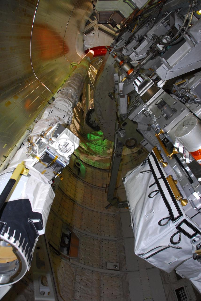 KENNEDY SPACE CENTER, FLA. -- The payload for mission STS-118 is being installed in the payload bay on Space Shuttle Endeavour from the payload changeout room on Launch Pad 39A. The payload includes the S5 truss, SPACEHAB module and external stowage platform 3. The mission is the 22nd flight to the International Space Station and is targeted for launch on Aug.7. Photo credit: NASA/Amanda Diller