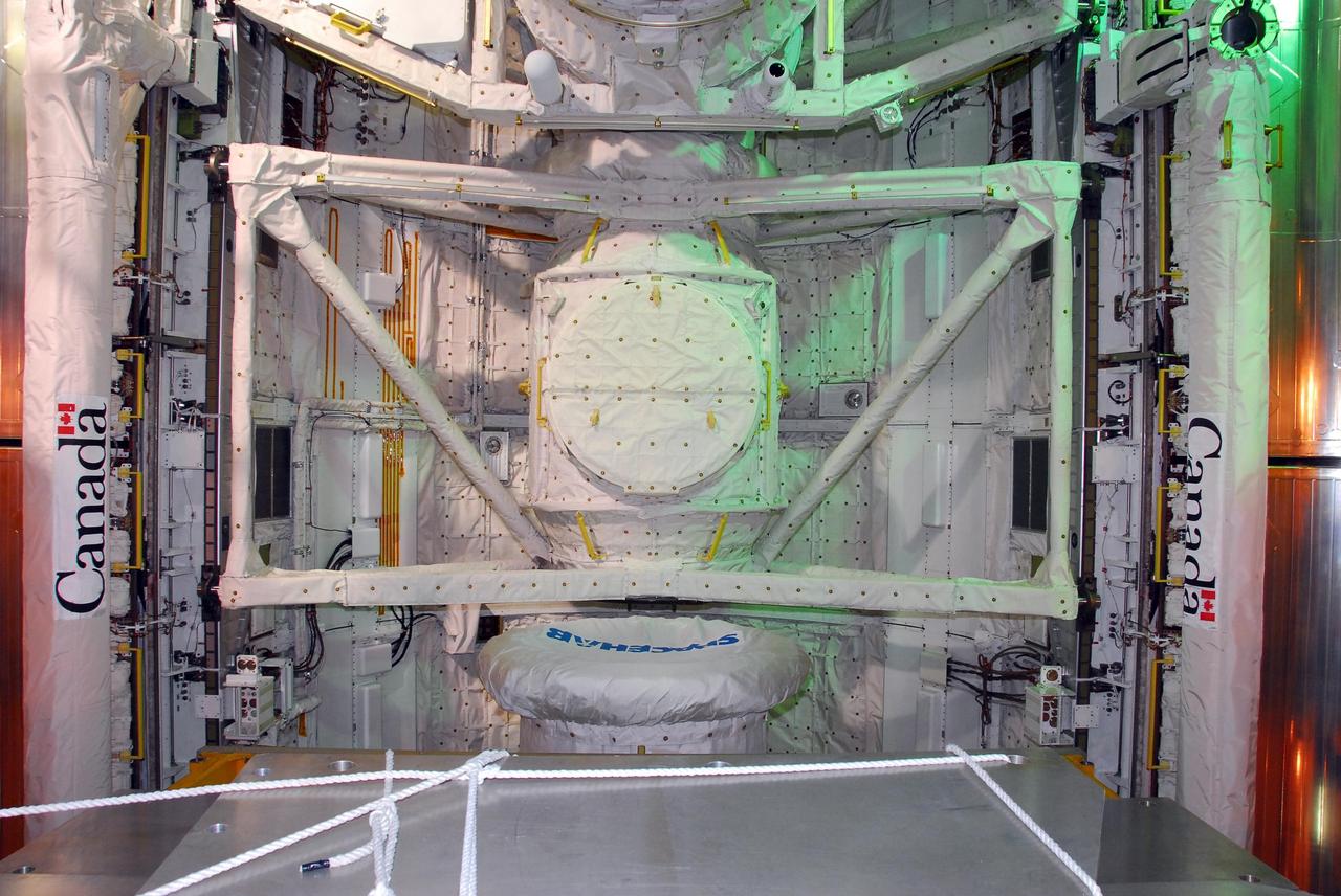 KENNEDY SPACE CENTER, FLA. -- The payload for mission STS-118 is being installed in the payload bay on Space Shuttle Endeavour on Launch Pad 39A. Seen at center is the SPACEHAB module. At left and right in the photo are the shuttle robotic arm and the orbiter boom sensor system. The payload also includes the S5 truss and external stowage platform 3. The mission is the 22nd flight to the International Space Station and is targeted for launch on Aug.7. Photo credit: NASA/Amanda Diller