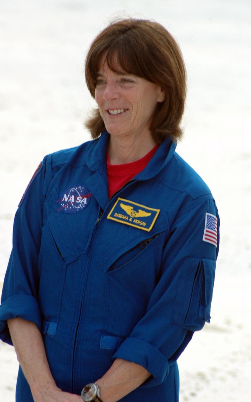 KENNEDY SPACE CENTER, Fla.  --  In the slidewire basket bunker area of Launch Pad 39A, STS-118 Mission Specialist Barbara R. Morgan is introduced to the press during a media interview before the crew's morning training activities in the terminal countdown demonstration test, or TCDT. Morgan is a teacher-turned-astronaut whose association with NASA began more than 20 years ago.  TCDT activities include M-113 training, payload familiarization, the emergency egress training at the pad and a simulated launch countdown.  The mission is the 22nd flight to the International Space Station and Space Shuttle Endeavour will carry a payload including the S5 truss, a SPACEHAB module and external stowage platform 3. STS-118 is targeted for launch on Aug. 7.  Photo credit: NASA/Ken Thornsley