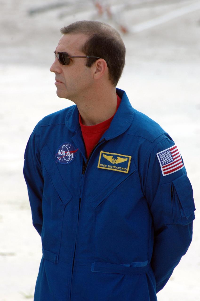 KENNEDY SPACE CENTER, Fla.  --  In the slidewire basket bunker area of Launch Pad 39A, STS-118 Mission Specialist Rick Mastracchio waits to begin a media interview before the crew's morning training activities in the terminal countdown demonstration test, or TCDT. Those activities include M-113 training, payload familiarization, the emergency egress training at the pad and a simulated launch countdown.  The mission is the 22nd flight to the International Space Station and Space Shuttle Endeavour will carry a payload including the S5 truss, a SPACEHAB module and external stowage platform 3. STS-118 is targeted for launch on Aug. 7.  Photo credit: NASA/Ken Thornsley