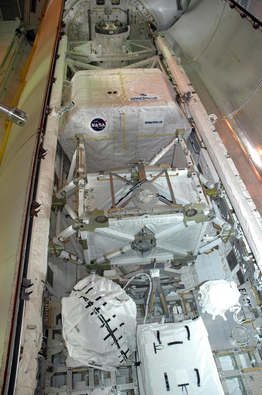 KENNEDY SPACE CENTER, FLA. -- At Launch Pad 39A, Space Shuttle Endeavour's payload lies nestled snugly inside the payload bay, ready for closure of the doors. The payload includes the S5 truss, the SPACEHAB module and external stowage platform 3. The mission is the 22nd flight to the International Space Station and is targeted for launch on Aug. 7. NASA/Charisse Nahser
