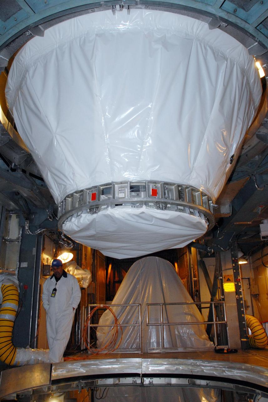 KENNEDY SPACE CENTER, FLA. —  On Pad 17-B at Cape Canaveral Air Force Station, the Dawn spacecraft has been separated from the Delta II second stage.  Dawn is being returned to the Astrotech payload processing facility to await a new launch date.  The launch opportunity extends from Sept. 7 to Oct. 15.    Dawn is the ninth mission in NASA's Discovery Program. The spacecraft will be the first to orbit two planetary bodies, asteroid Vesta and dwarf planet Ceres,  during a single mission. Vesta and Ceres lie in the asteroid belt between Mars and Jupiter. It is also NASA’s first purely scientific mission powered by three solar electric ion propulsion engines.   NASA/George Shelton