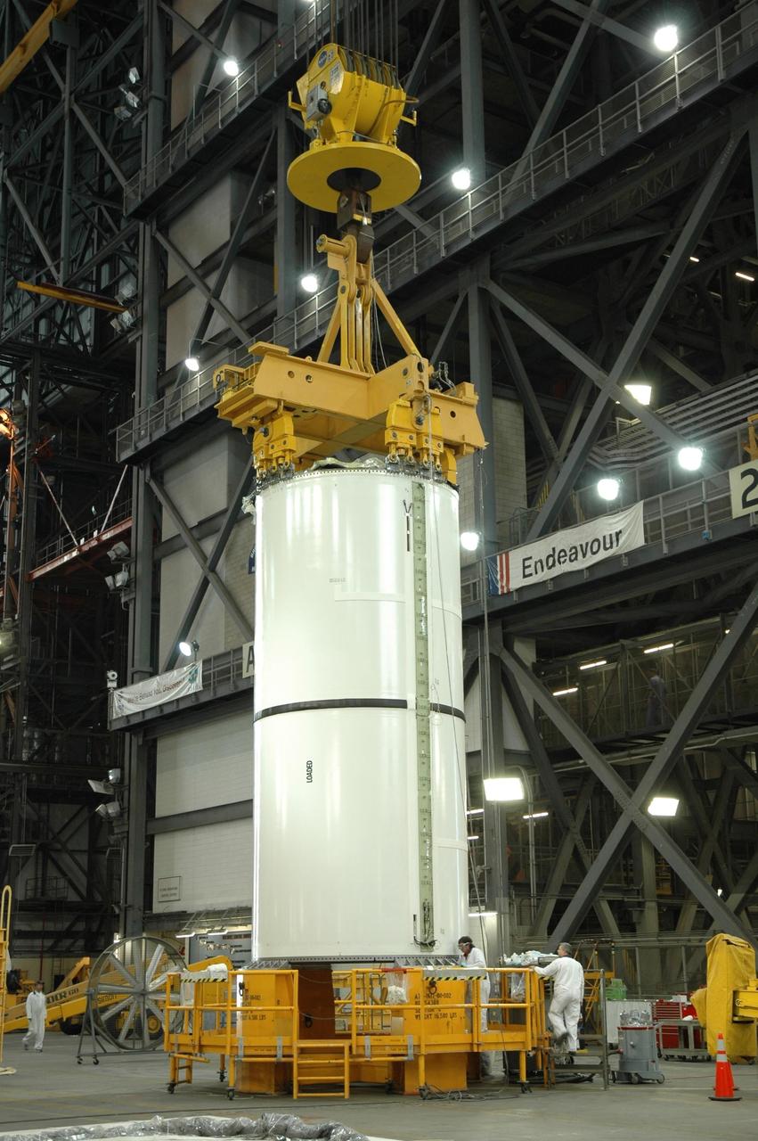 KENNEDY SPACE CENTER, FLA. -- The STS-120 solid rocket booster segments wait to be stacked in the Vehicle Assembly Building on the mobile launcher platform. STS-120 will be the 23rd flight to the International Space Station. Space Shuttle Discovery will carry the U.S. Node 2. Launch is targeted for Oct. 20. NASA/Jim Grossmann