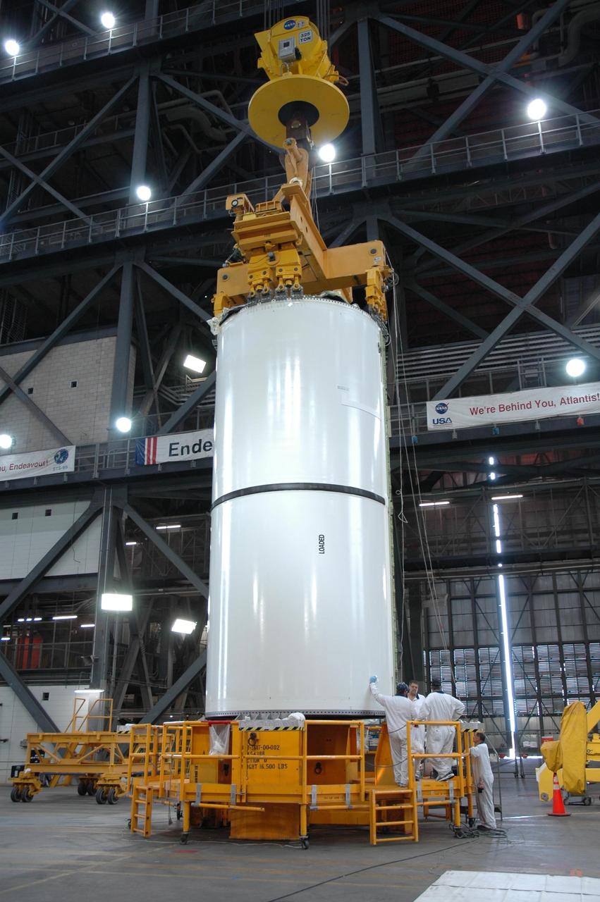 KENNEDY SPACE CENTER, FLA. -- Another STS-120 solid rocket booster segment waits to be stacked in the Vehicle Assembly Building on the mobile launcher platform. STS-120 will be the 23rd flight to the International Space Station. Space Shuttle Discovery will carry the U.S. Node 2. Launch is targeted for Oct. 20. NASA/Jim Grossmann