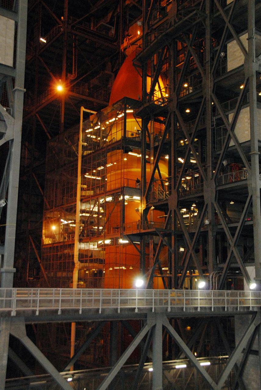 KENNEDY SPACE CENTER, FLA. --   In the Vehicle Assembly Building at KSC, external tank No. 120 is in place in a checkout cell.  The tank will be prepared for stacking with solid rocket boosters to launch Space Shuttle Discovery on mission STS-120 in October.  The mission is the 23rd to the International Space Station and will launch an Italian-built, U.S. multi-port module known as Harmony for the station.  Christened after a school contest, Harmony will provide attachment points for European and Japanese laboratory modules. NASA/George Shelton