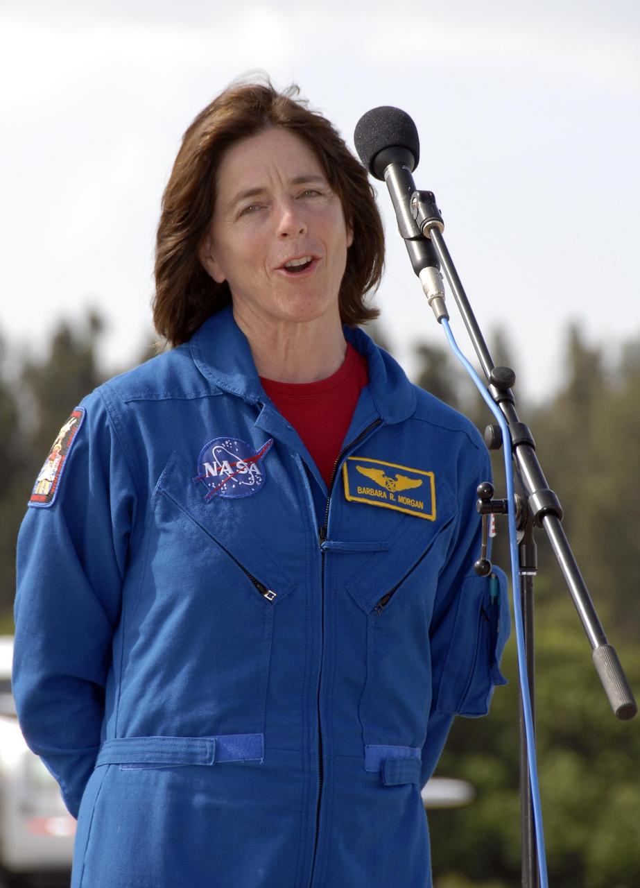 KENNEDY SPACE CENTER, FLA. --   The STS-118 crew arrives at Kennedy Space Center's Shuttle Landing Facility to prepare for launch on Aug. 8 aboard Space Shuttle Endeavour. Seen here is Mission Specialist Barbara Morgan, NASA's first educator astronaut.  Endeavour's STS-118 mission is the 22nd shuttle flight to the International Space Station. It will continue space station construction by delivering a third starboard truss segment, S5.  Other payloads include the SPACEHAB module, making its last voyage, and the external stowage platform 3 with a control moment gyroscope on it. The flight will include at least three spacewalks. The crew will also debut a new system that enables docked shuttles to draw electrical power from the station to extend visits to the outpost.  Photo credit: NASA/Kim Shiflett