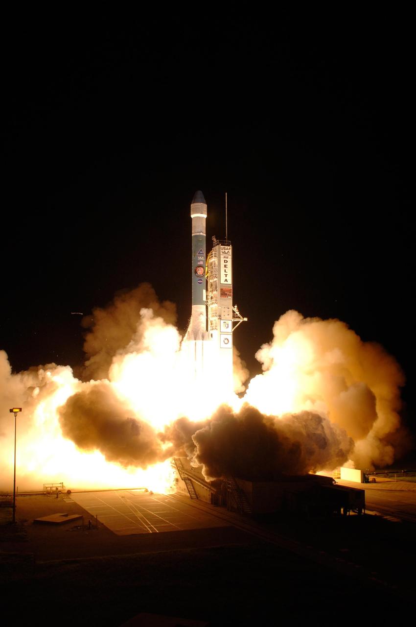 KENNEDY SPACE CENTER, FLA. - NASA's Phoenix spacecraft begins its journey to Mars aboard a Delta II 7925 rocket at 5:26 a.m. EDT from Pad 17A at Cape Canaveral Air Force Station. Phoenix will land in icy soils near the north polar, permanent ice cap of Mars and explore the history of the water in these soils and any associated rocks, while monitoring polar climate. Landing on Mars is planned in May 2008 on arctic ground where a mission currently in orbit, Mars Odyssey, has detected high concentrations of ice just beneath the top layer of soil. Photo credit: NASA/Tony Gray and Robert Murray