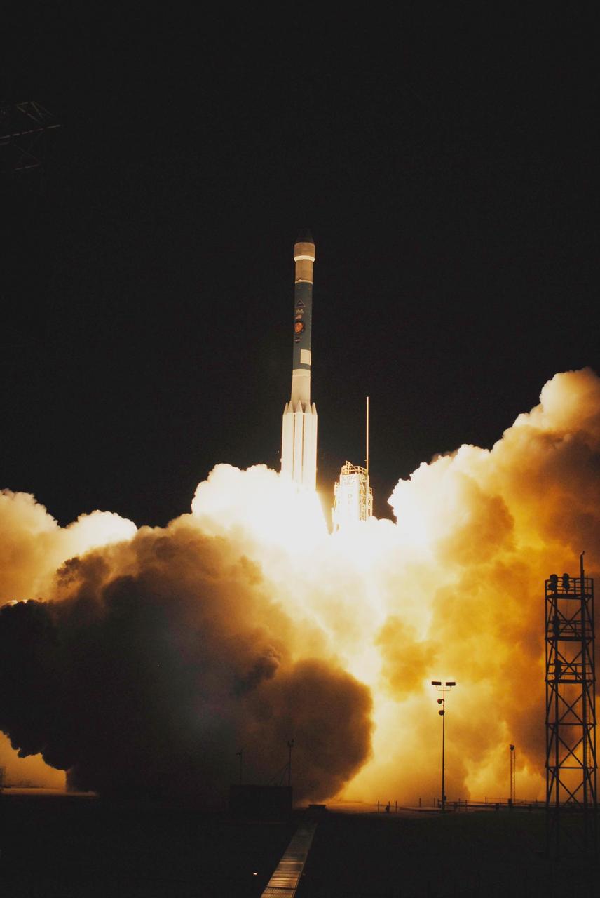KENNEDY SPACE CENTER, FLA. - The Delta II 7925 rocket carrying NASA's Phoenix Mars lander bounds off Pad 17A on Cape Canaveral Air Force Station at 5:26 a.m. EDT. Phoenix will land in icy soils near the north polar, permanent ice cap of Mars and explore the history of the water in these soils and any associated rocks, while monitoring polar climate. Landing on Mars is planned in May 2008 on arctic ground where a mission currently in orbit, Mars Odyssey, has detected high concentrations of ice just beneath the top layer of soil. Photo credit: NASA/Sandra Joseph and John Kechele