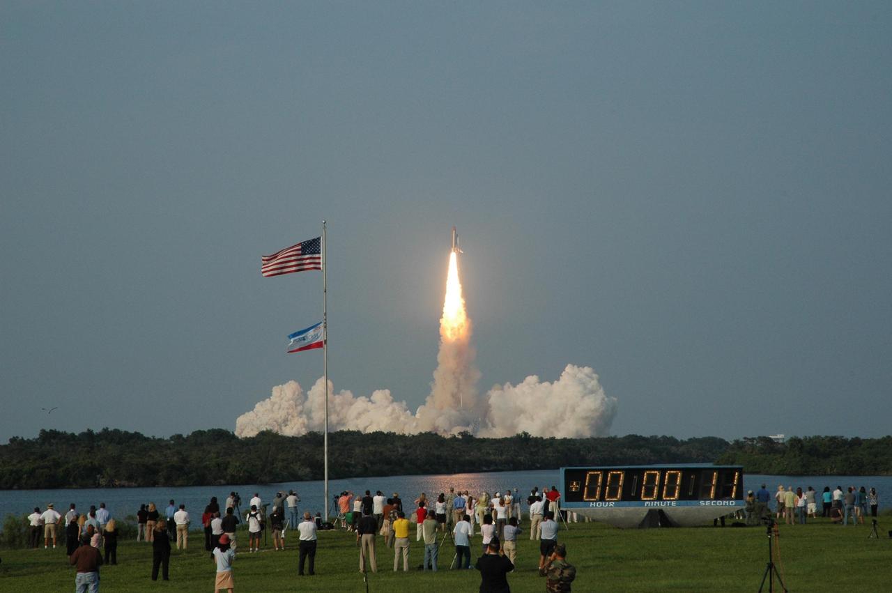 KENNEDY SPACE CENTER, FLA. -- Rising from clouds of smoke and steam, Space Shuttle Endeavour roars into the early evening sky as it lifts off Launch Pad 39A on time at 6:36 p.m.  EDT on mission STS-118.  The mission is the 22nd shuttle flight to the International Space Station. It will continue space station construction by delivering a third starboard truss segment, S5, and other payloads such as the SPACEHAB module and the external stowage platform 3.  The 11-day mission may be extended to as many as 14 depending on the test of the Station-to-Shuttle Power Transfer System that will allow the docked shuttle to draw electrical power from the station and extend its visits to the orbiting lab.  NASA/Todd Prough