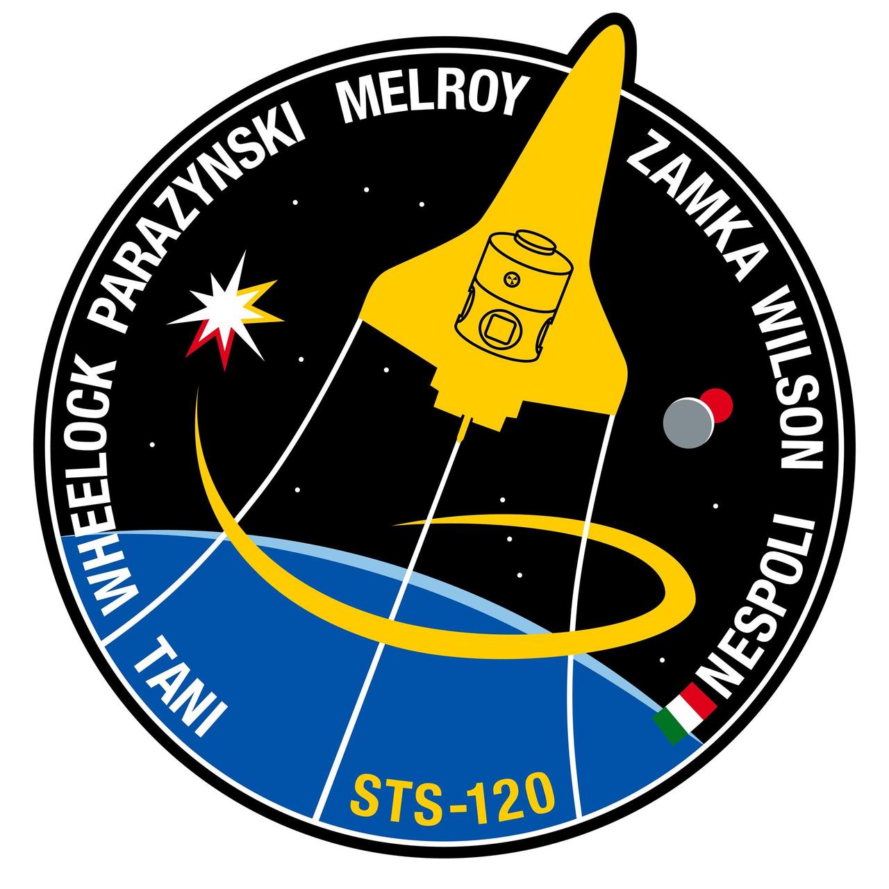 JOHNSON SPACE CENTER, Houston, Texas -- STS120-S-001 -- The STS-120 patch reflects the role of the mission in the future of the space program.  The shuttle payload bay carries Node 2, the doorway to the future international laboratory elements on the International Space Station.  On the left, the star represents the International Space Station; the red-colored points represent the current location of the P6 solar array, furled and awaiting relocation when the crew arrives.  During the mission, the crew will move P6 to its final home at the end of the port truss.  The gold points represent the P6 solar array in its new location, unfurled and producing power for science and life support.  On the right, the moon and Mars can be seen representing the future of NASA.  The constellation Orion rises in the background, symbolizing NASA's new exploration vehicle.  Through all, the shuttle rises up and away, leading the way to the future.  The NASA insignia design for shuttle flights is reserved for use by the astronauts and for other official use as the NASA Administrator may authorize.  Public availability has been approved only in the form of illustrations by the various news media.  When and if there is any change in this policy, which is not anticipated, it will be publicly announced.