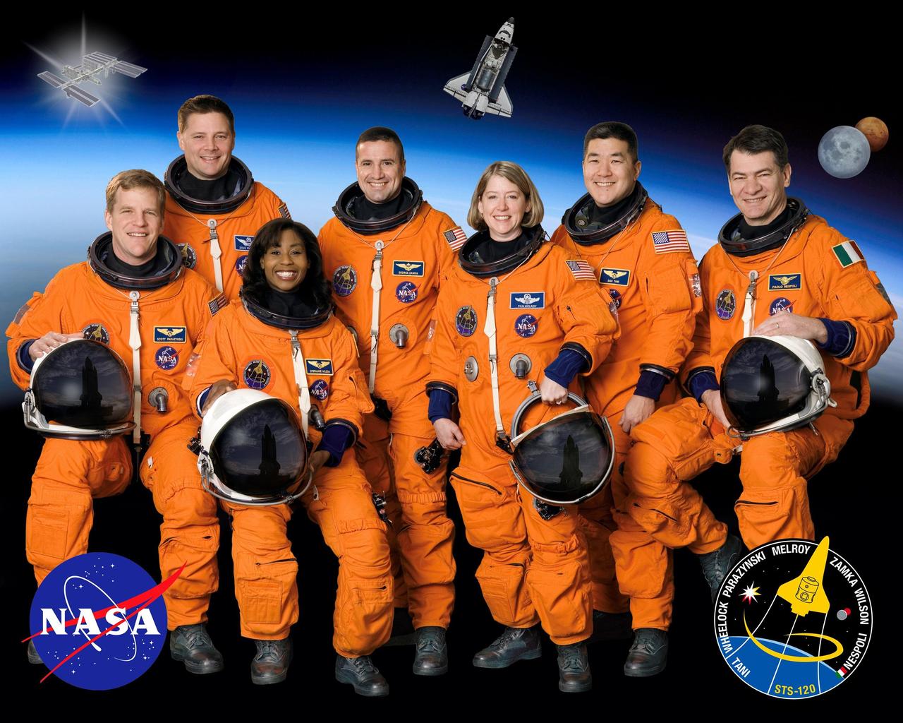 JOHNSON SPACE CENTER, Houston, Texas -- STS120-S-002 -- These seven astronauts take a break from training to pose for the STS-120 crew portrait.  Pictured from the left are astronauts Scott E. Parazynski, Douglas H. Wheelock, Stephanie D. Wilson, all mission specialists; George D. Zamka, pilot; Pamela A. Melroy, commander; Daniel M. Tani, Expedition 15 flight engineer; and Paolo A. Nespoli, mission specialist representing the European Space Agency (ESA). The crewmembers are attired in training versions of their shuttle launch and entry suits.  Tani is scheduled to join Expedition 15 as flight engineer after launching to the International Space Station on mission STS-120 and is scheduled to return home on mission STS-122.