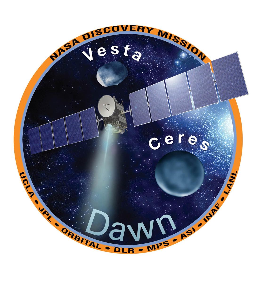 KENNEDY SPACE CENTER, FLA. -- This logo represents the mission of the Dawn spacecraft.  During its nearly decade-long mission, Dawn will study the asteroid Vesta and dwarf planet Ceres, celestial bodies believed to have accreted early in the history of the solar system. The mission hopes to unlock some of the mysteries of planetary formation, including the building blocks and the processes leading to their state today.  The Dawn mission is managed by the Jet Propulsion Laboratory, a division of the California Institute of Technology in Pasadena, Calif., for NASA's Science Mission Directorate in Washington, D.C.