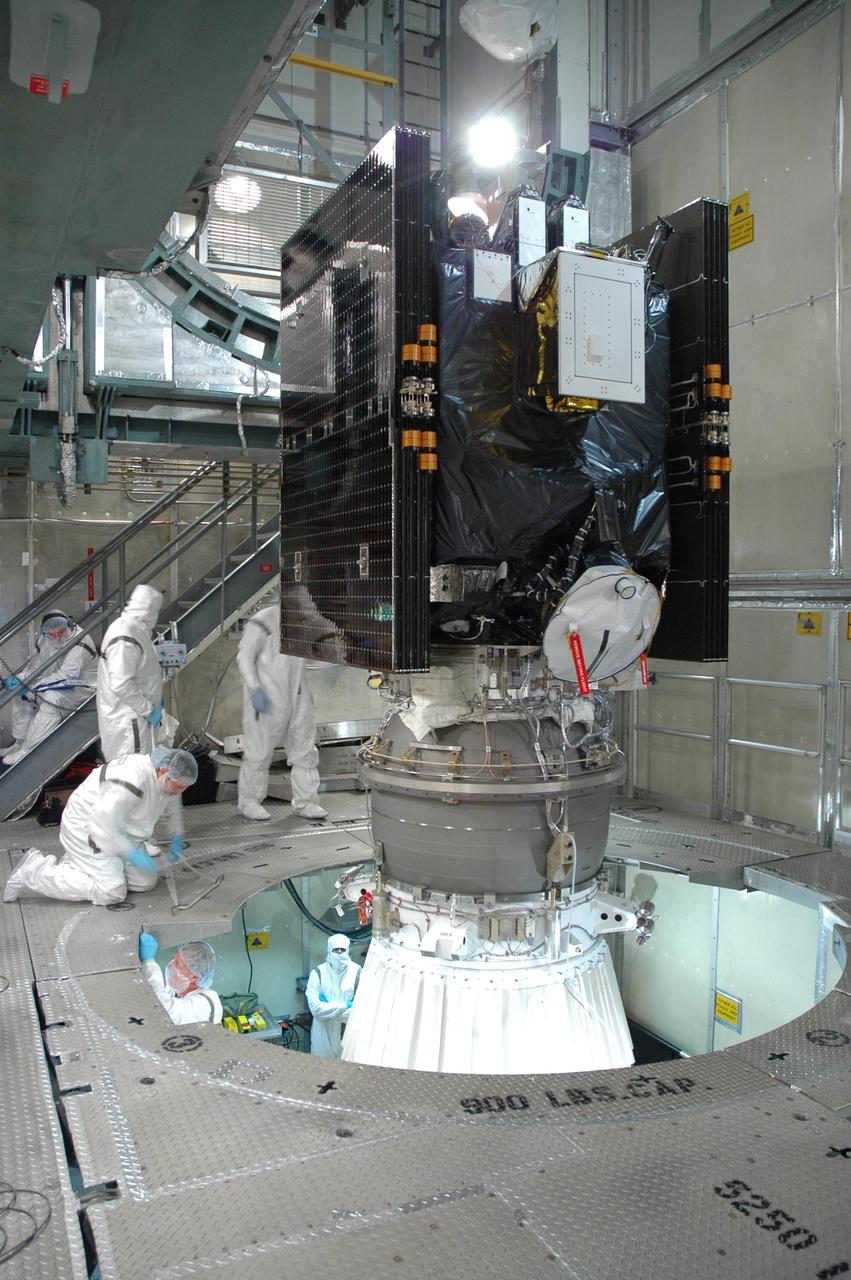 KENNEDY SPACE CENTER, FLA. --   Inside the mobile service tower on Launch Pad 17-B at Cape Canaveral Air Force Station, the  Dawn spacecraft is ready for installation of the fairing. The fairing is a molded structure that fits flush with the outside surface of the Delta II upper stage booster and forms an aerodynamically smooth nose cone, protecting the spacecraft during launch and ascent.   Dawn is scheduled to launch between 7:25 and 7:54 a.m. on Sept. 26 aboard a Delta II rocket.  Photo credit: NASA/Jim Grossmann