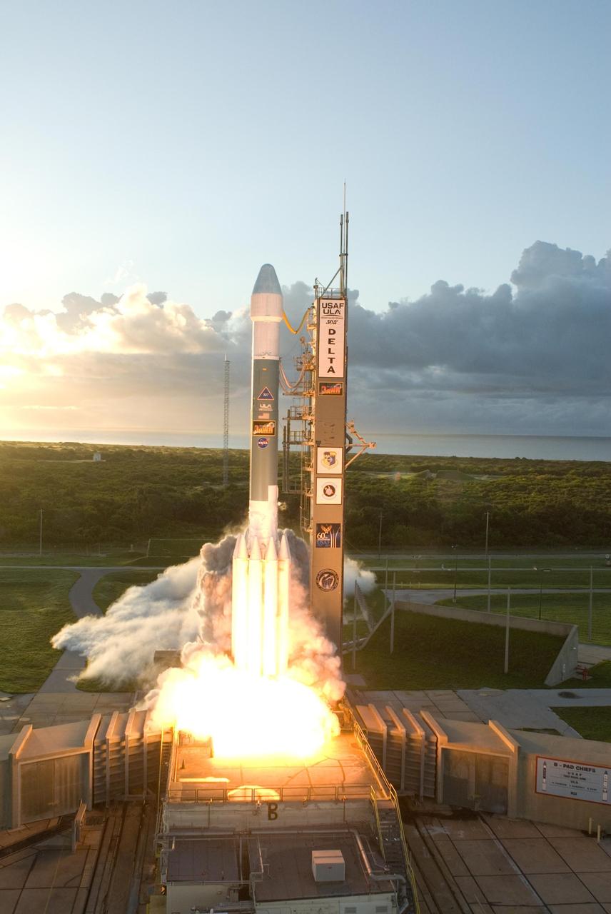 KENNEDY SPACE CENTER, FLA. -- Just after sunrise, the Delta II rocket carrying NASA's Dawn spacecraft rose from its launch pad to begin its 1.7-billion-mile journey through the inner solar system to study a pair of asteroids. Liftoff was at 7:34 a.m. EDT from Pad 17-B at Cape Canaveral Air Force Station. Dawn is the ninth mission in NASA's Discovery Program. The spacecraft will be the first to orbit two planetary bodies, asteroid Vesta and dwarf planet Ceres, during a single mission. Vesta and Ceres lie in the asteroid belt between Mars and Jupiter. It is also NASA's first purely scientific mission powered by three solar electric ion propulsion engines. Photo credit: NASA/Tony Gray & Robert Murray