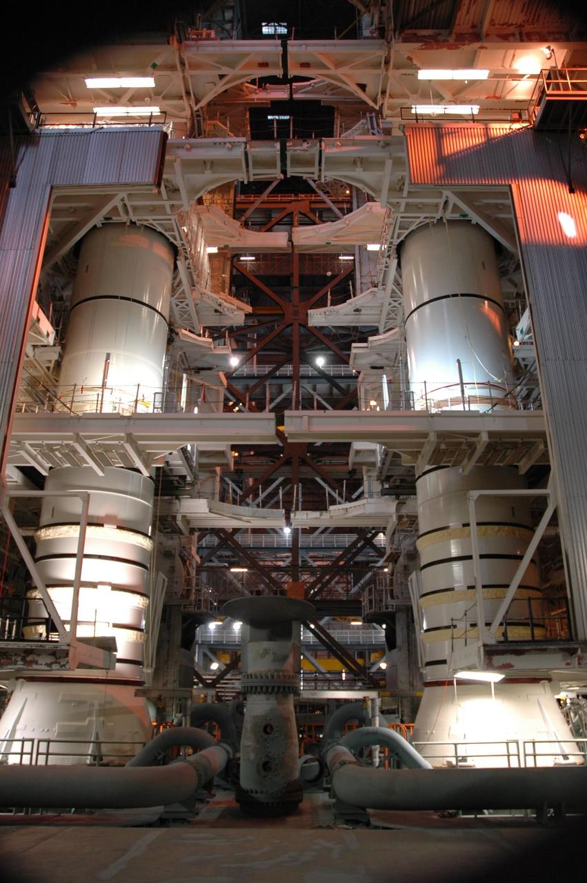 KENNEDY SPACE CENTER, FLA. --  In the Vehicle Assembly Building, the solid rocket booster segments are being stacked on the mobile launcher platform for mission STS-122.  Space shuttle Atlantis is targeted for launch on mission STS-122 on Dec. 6.  Photo credit: NASA/Jack Pfaller