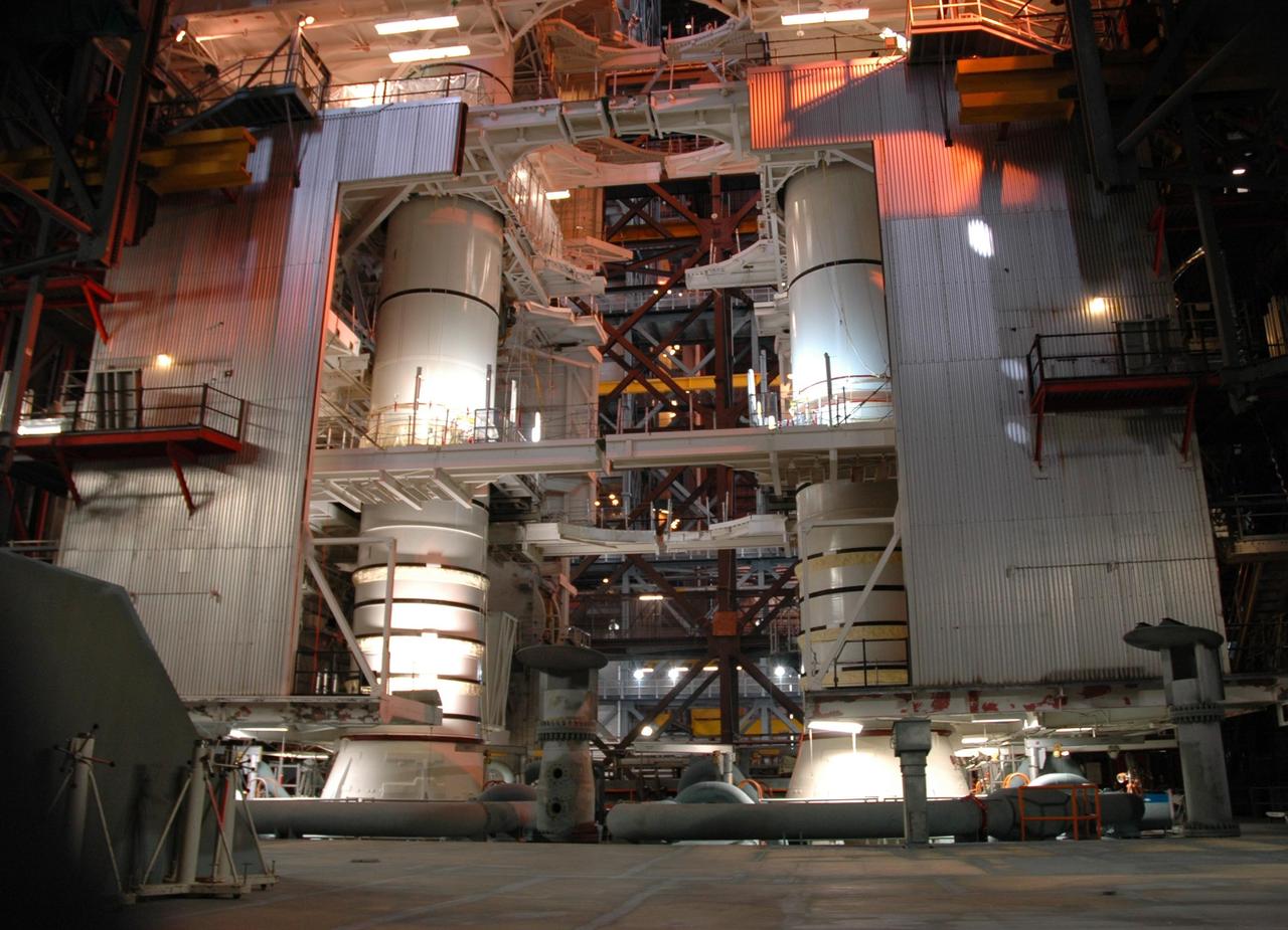 KENNEDY SPACE CENTER, FLA. --  In the Vehicle Assembly Building, the solid rocket booster segments are being stacked on the mobile launcher platform for mission STS-122.  Space shuttle Atlantis is targeted for launch on mission STS-122 on Dec. 6.  Photo credit: NASA/Jack Pfaller