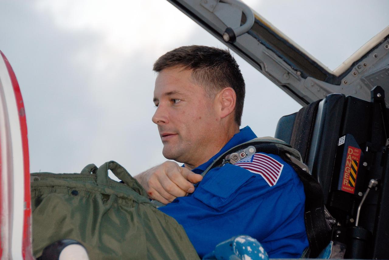 KENNEDY SPACE CENTER, FLA. -- The crew members of mission STS-120 arrive at NASA's Kennedy Space Center Shuttle Landing Facility aboard T-38 jet aircraft to take part in terminal countdown demonstration test activities. Mission Specialist Doug Wheelock, seen here, will be making his first shuttle flight. The terminal countdown demonstration test provides astronauts and ground crews an opportunity to participate in various simulated countdown activities, including equipment familiarization and emergency training. The STS-120 mission will deliver the U.S. Node 2 module, named Harmony, aboard space shuttle Discovery to the International Space Station. Launch of Discovery on mission STS-120 is targeted for Oct. 23 at 11:38 a.m. EDT on a 14-day mission to the International Space Station. Photo credit: NASA/Kim Shiflett