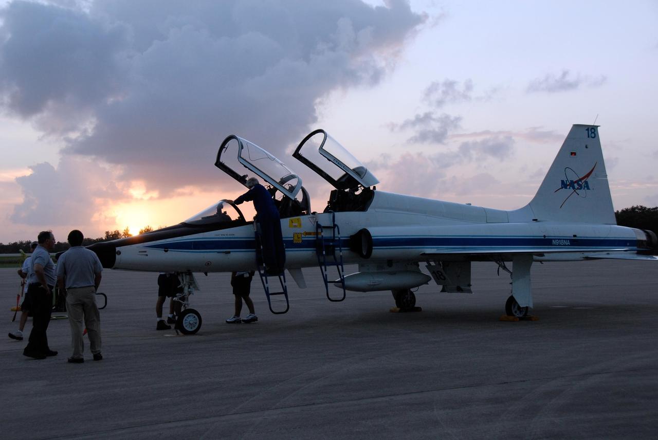 KENNEDY SPACE CENTER, FLA. --  The crew members of mission STS-120 arrive at NASA's Kennedy Space Center Shuttle Landing Facility aboard T-38 jet aircraft to take part in terminal countdown demonstration test activities. The T-38 jet aircraft on which Mission Specialist Doug Wheelock arrived is shown here. Wheelock will be making his first shuttle flight and will perform three spacewalks during the STS-120 mission. The terminal countdown demonstration test provides astronauts and ground crews an opportunity to participate in various simulated countdown activities, including equipment familiarization and emergency training. The STS-120 mission will deliver the U.S. Node 2 module, named Harmony, aboard space shuttle Discovery to the International Space Station.  Launch of Discovery on mission STS-120 is targeted for Oct. 23 at 11:38 a.m. EDT on a 14-day mission to the International Space Station.  Photo credit: NASA/Kim Shiflett