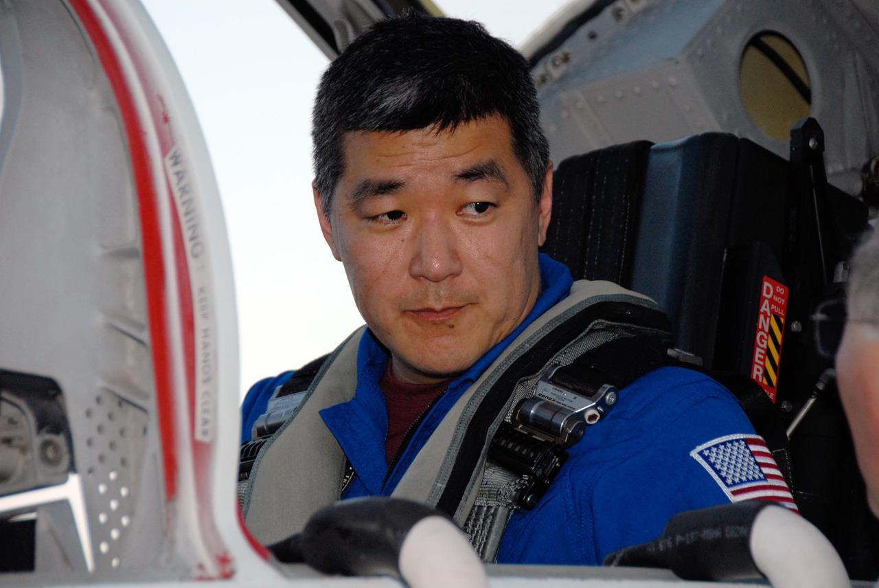 KENNEDY SPACE CENTER, FLA. -- The crew members of mission STS-120 arrive at NASA's Kennedy Space Center Shuttle Landing Facility aboard T-38 jet aircraft to take part in terminal countdown demonstration test activities. Mission Specialist Daniel Tani, shown here, will be making his second shuttle flight and remain on the International Space Station as a member of the Expedition 16 crew. The terminal countdown demonstration test provides astronauts and ground crews an opportunity to participate in various simulated countdown activities, including equipment familiarization and emergency training. The STS-120 mission will deliver the U.S. Node 2 module, named Harmony, aboard space shuttle Discovery to the International Space Station. Launch of Discovery on mission STS-120 is targeted for Oct. 23 at 11:38 a.m. EDT on a 14-day mission to the International Space Station. Photo credit: NASA/Kim Shiflett